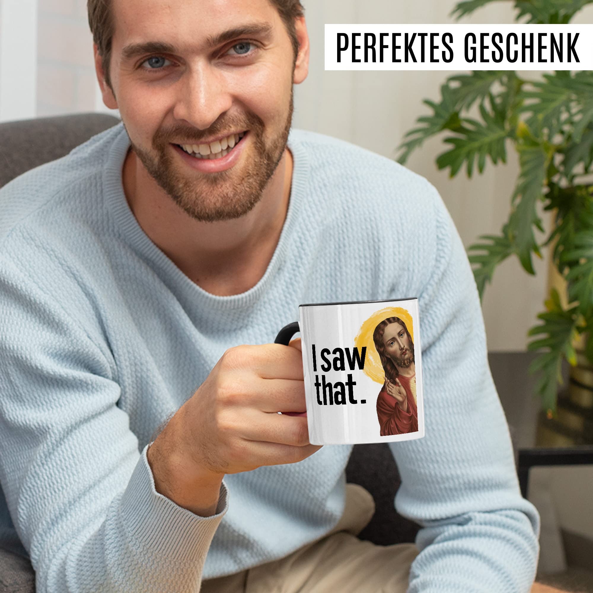 Jesus Tasse Meme Geschenkidee Humor Kaffeetasse mit lustigen Spruch Geschenk für Kollege Kaffeebecher Christus Peeking Becher