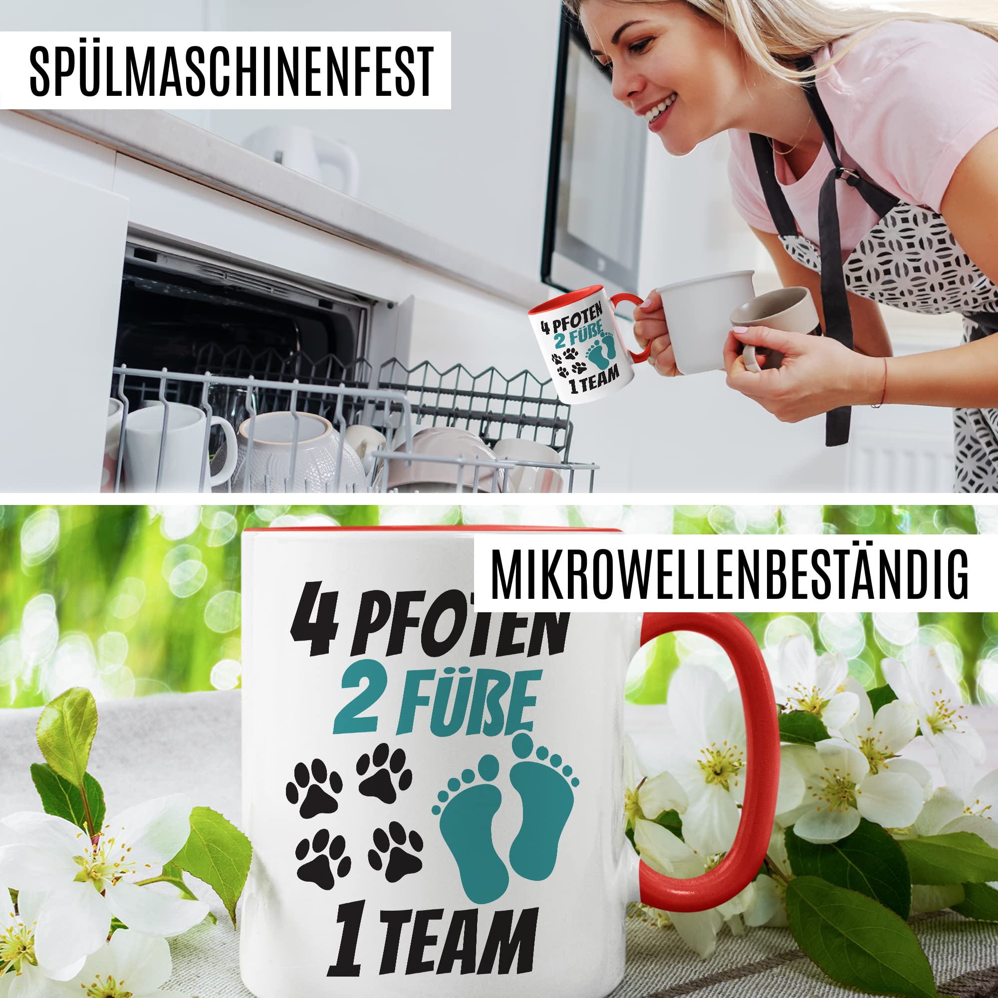 Tasse Hundebesitzer Geschenk, 4 Pfoten 2 Füße 1 Team Geschenkidee Kaffeetasse mit Spruch Hundehalter Hunde-Liebhaber Hund Kaffee-Becher Hand & Pfote Vierbeiner