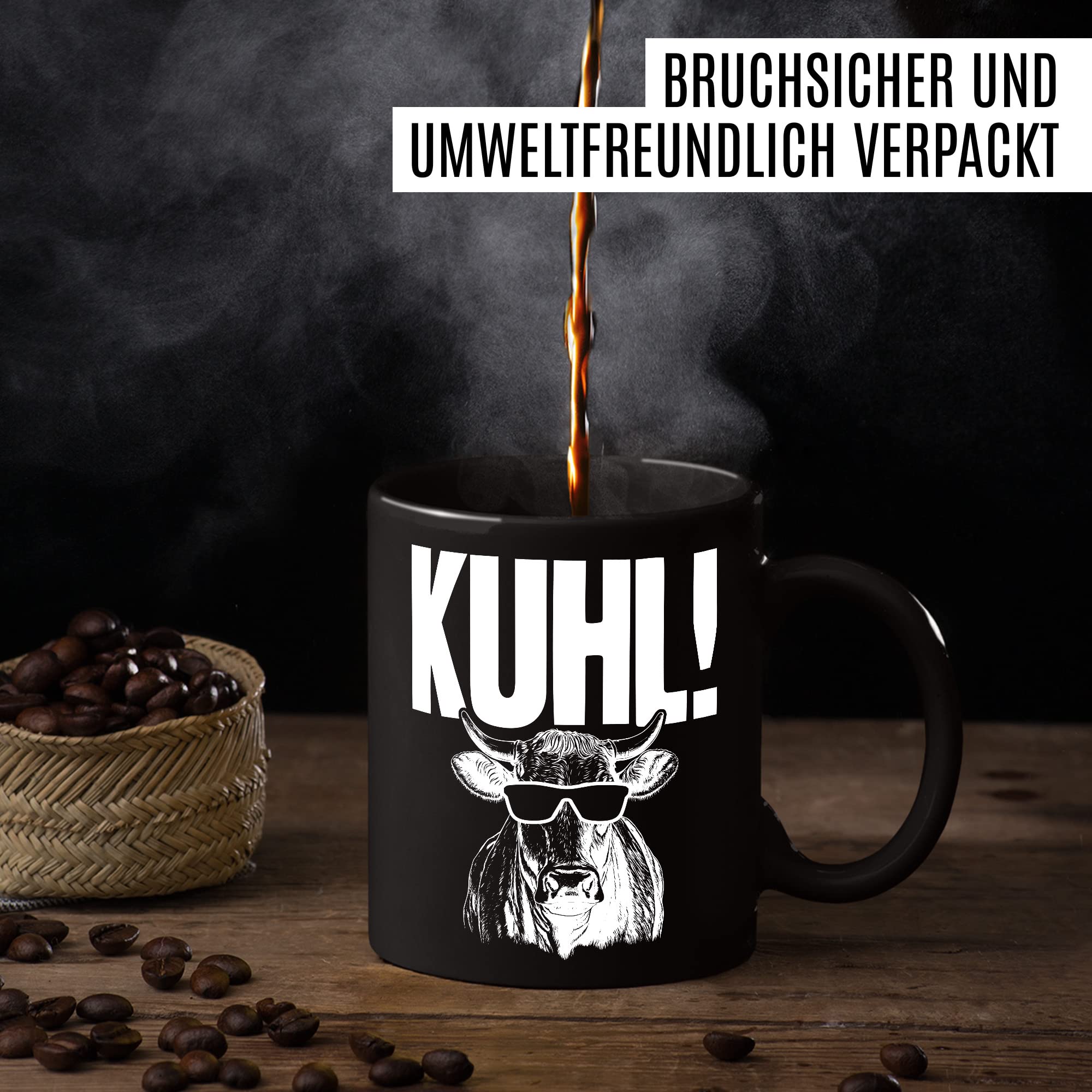 KUHL Tasse mit Spruch witzige Kaffeetasse mit Kuh Motiv Humor Geschenk Geschenkidee Kollegen Büro Kaffee-Becher lustig Freundin Kühe Sonnen Brille Cool Wortwitz Schreibfehler