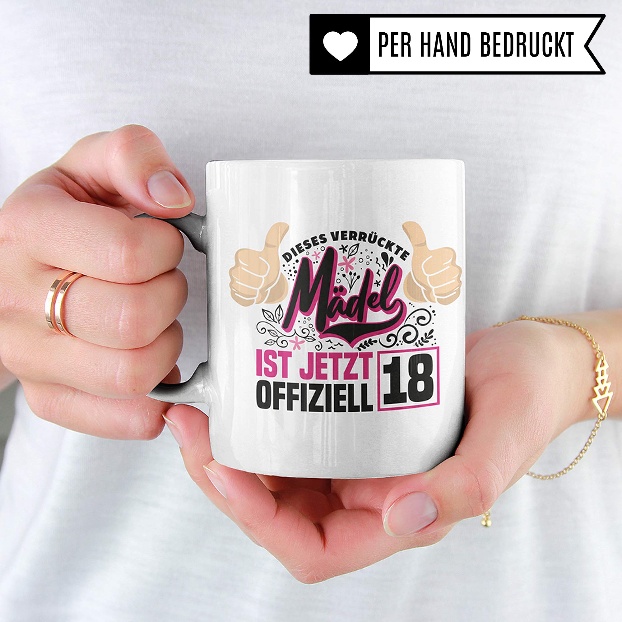 Pagma Druck Mädchen 18 Jahre Geburtstag Tasse, Volljährig Geschenk Becher, 18 Jahre alt Geschenkidee, Kaffeetasse Geburtstagsgeschenk (Weiß/Weiß)