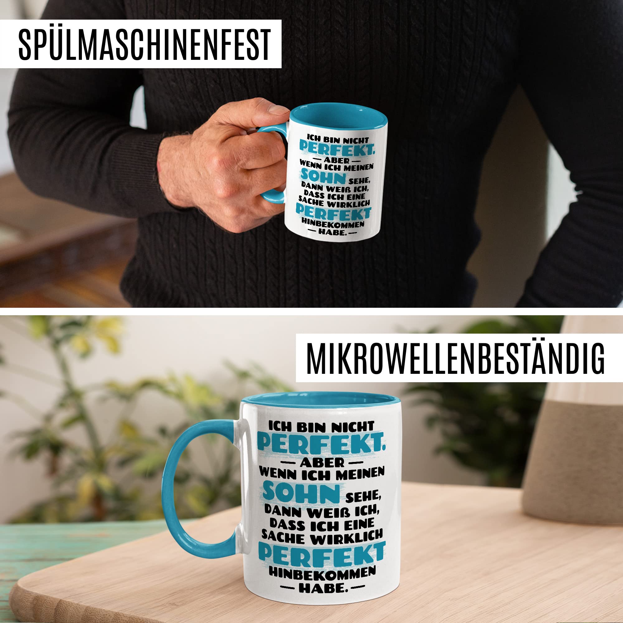 Tasse Sohn, Ich bin nicht perfekt aber wenn ich meinen Sohn sehe Geschenk Geschenkidee Kinder Kaffetasse mit Spruch Kaffee-Becher Mama Papa Teetasse Liebevoll Perfektion