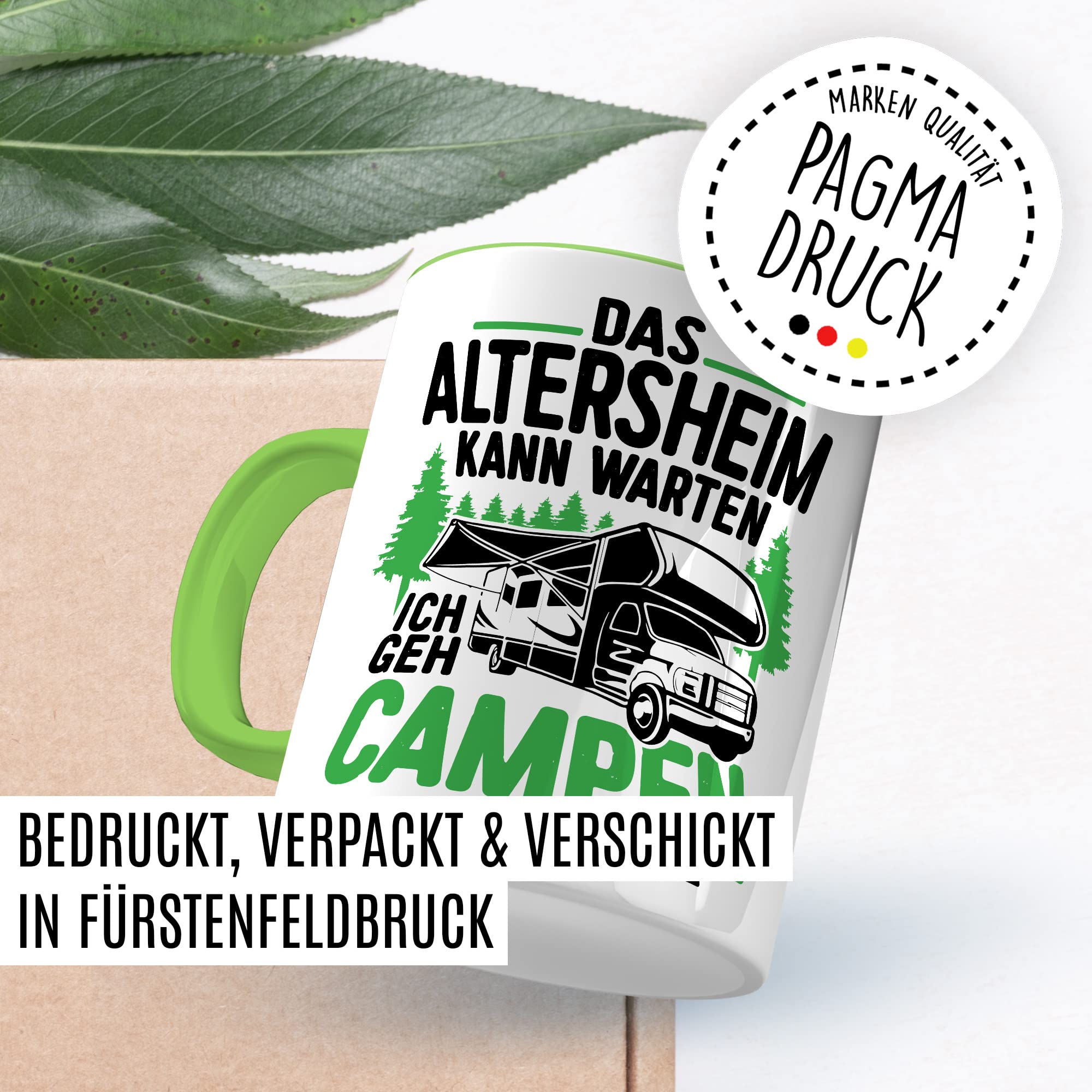 Tasse Campen Geschenk, Das Alterheim kann warten Ich geh campen Geschenk Geschenkidee Kaffeetasse mit liebevollem Spruch Kaffee-Becher Natur Rentner Rentnerin Rente