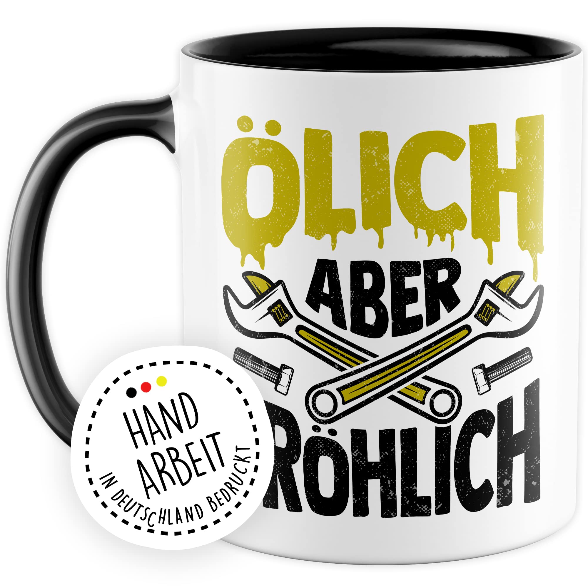 Tasse Mechatroniker Geschenk, Ölich aber Fröhlich Geschenkidee KFZ-Mechatroniker Kaffee-Becher Kaffeetasse Tasse mit Spruch lustig Mechaniker Schrauber Teetasse