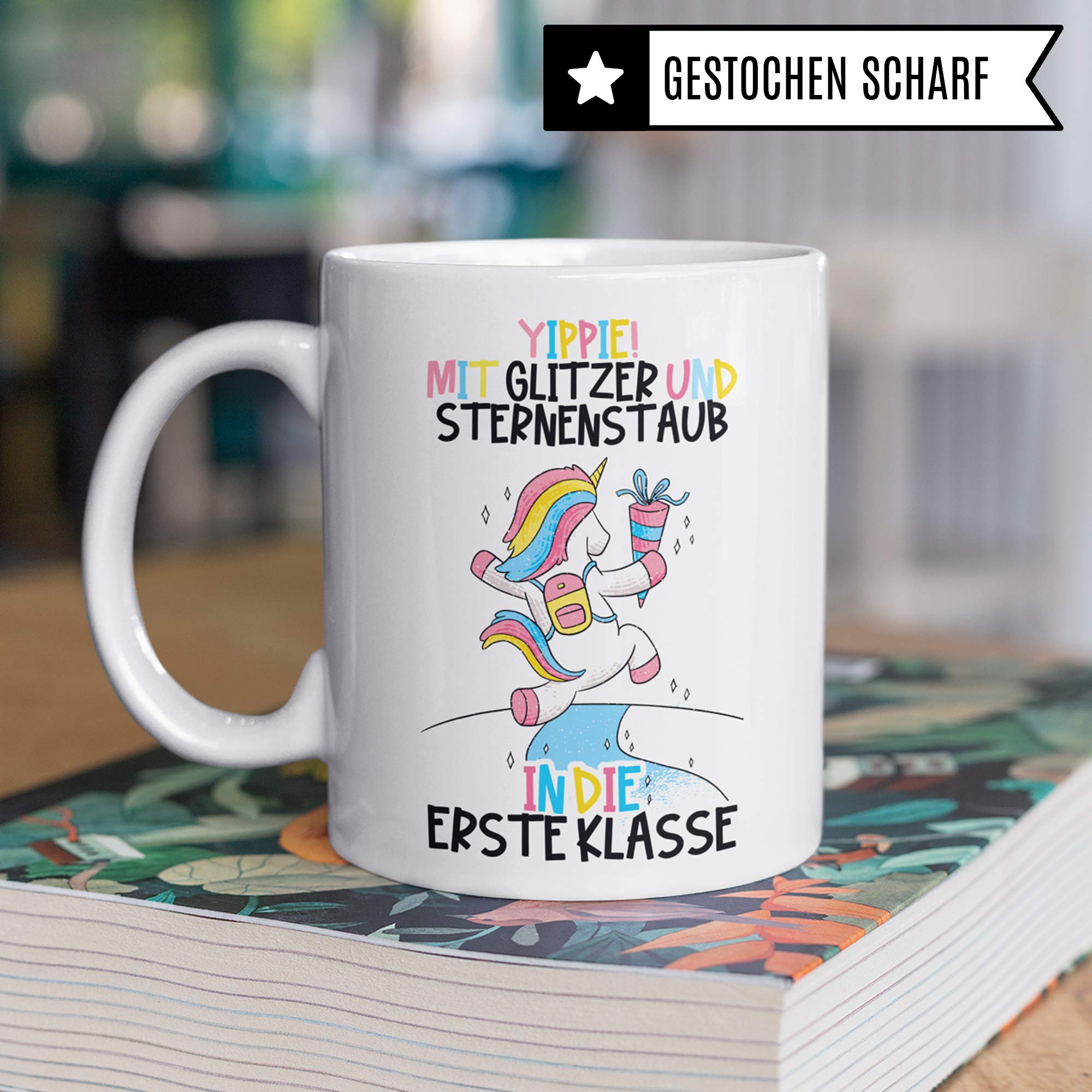 Pagma Druck Tasse Einschulung, Geschenk zur Einschulung Mädchen, Schulbeginn Schulanfang Mädchen Becher, Schulkind Mädchen, Erster Schultag Deko Teetasse Einschulungsgeschenke Einhorn