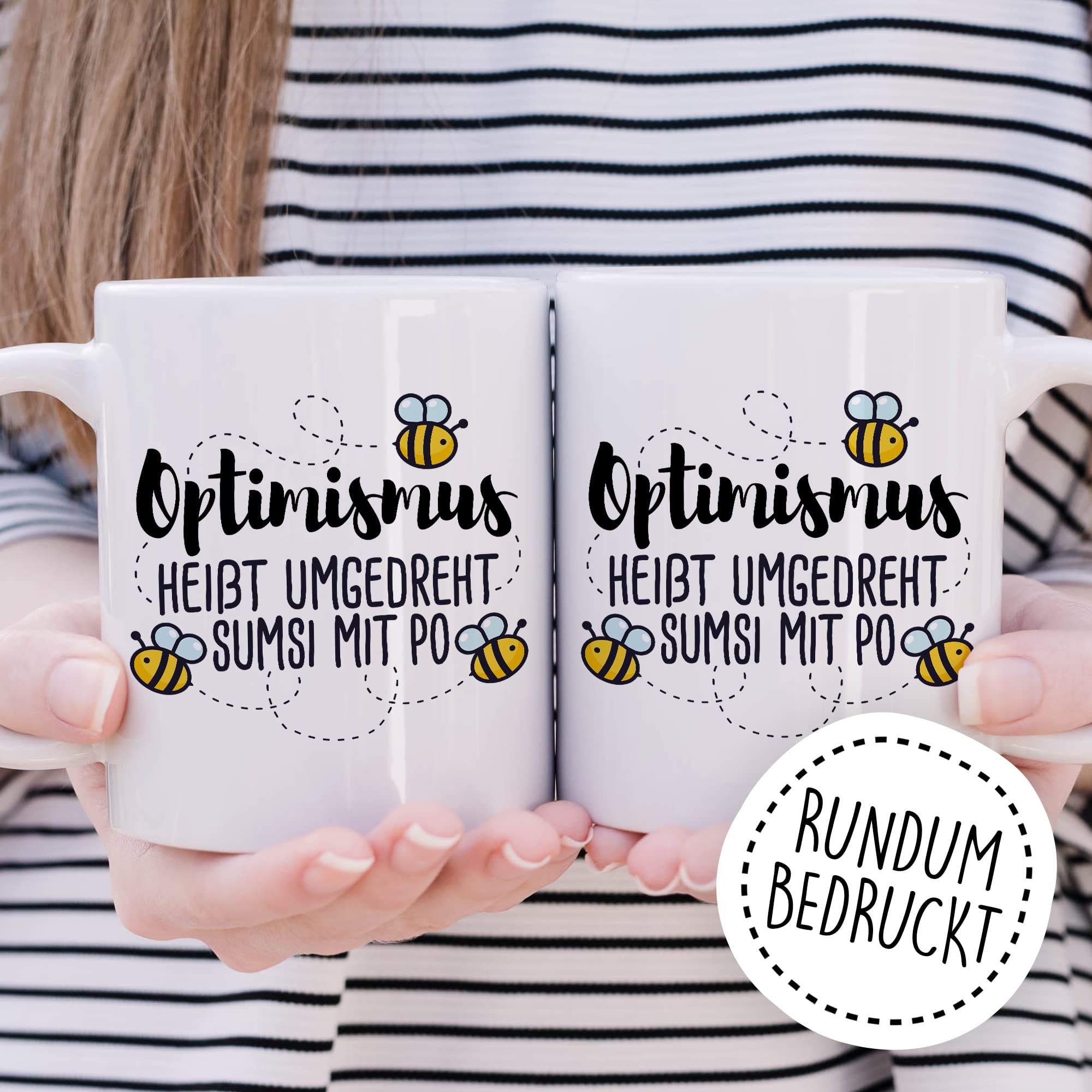 Lustige Tasse mit Spruch Wortwitz Kaffeetasse Optimismus rückwärts Kaffee-Becher Humor Geschenkidee lustig Geschenk Sarkasmus Sumsi im Po Biene süß Wortspiel witzig