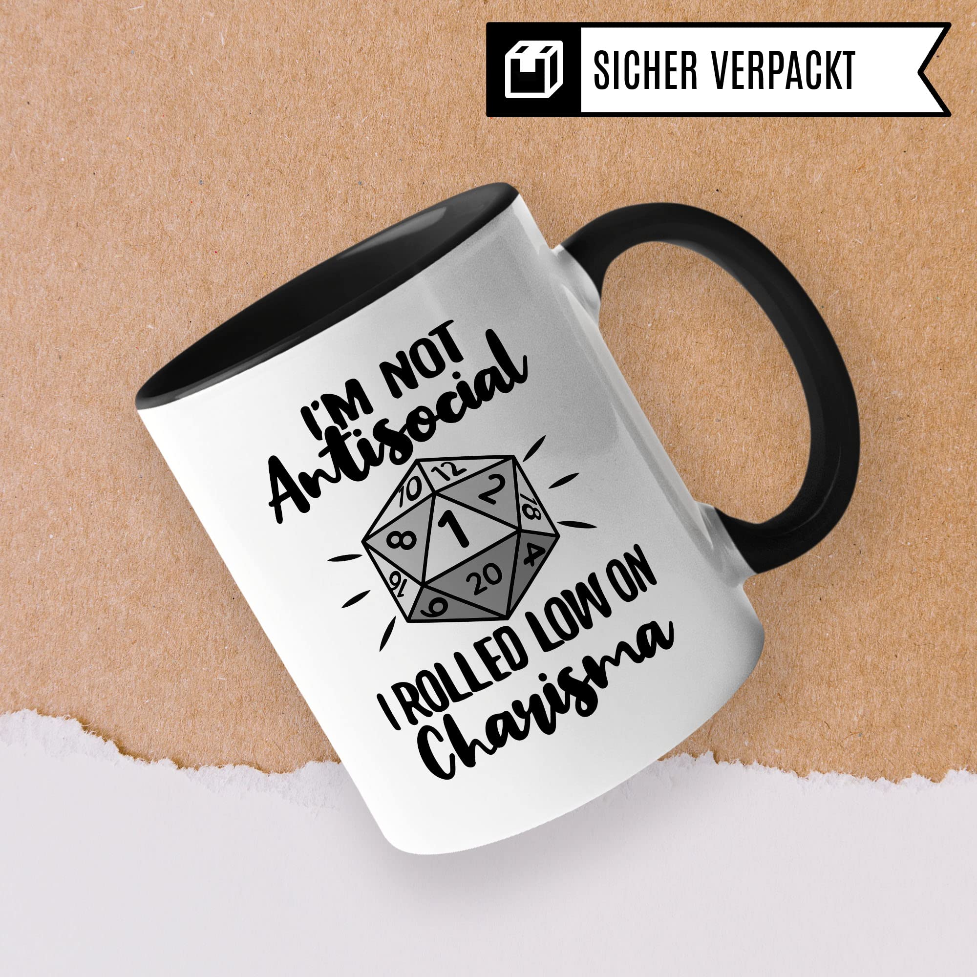 DnD Roleplay Tasse, I'm not Antisocial - I rolled low on Charisma Spruch, Geschenk Rollenspiel Spruch D20 Dice, Pen & Paper Tabletop D20 Würfel Motiv Kaffee-Becher Geschenkidee