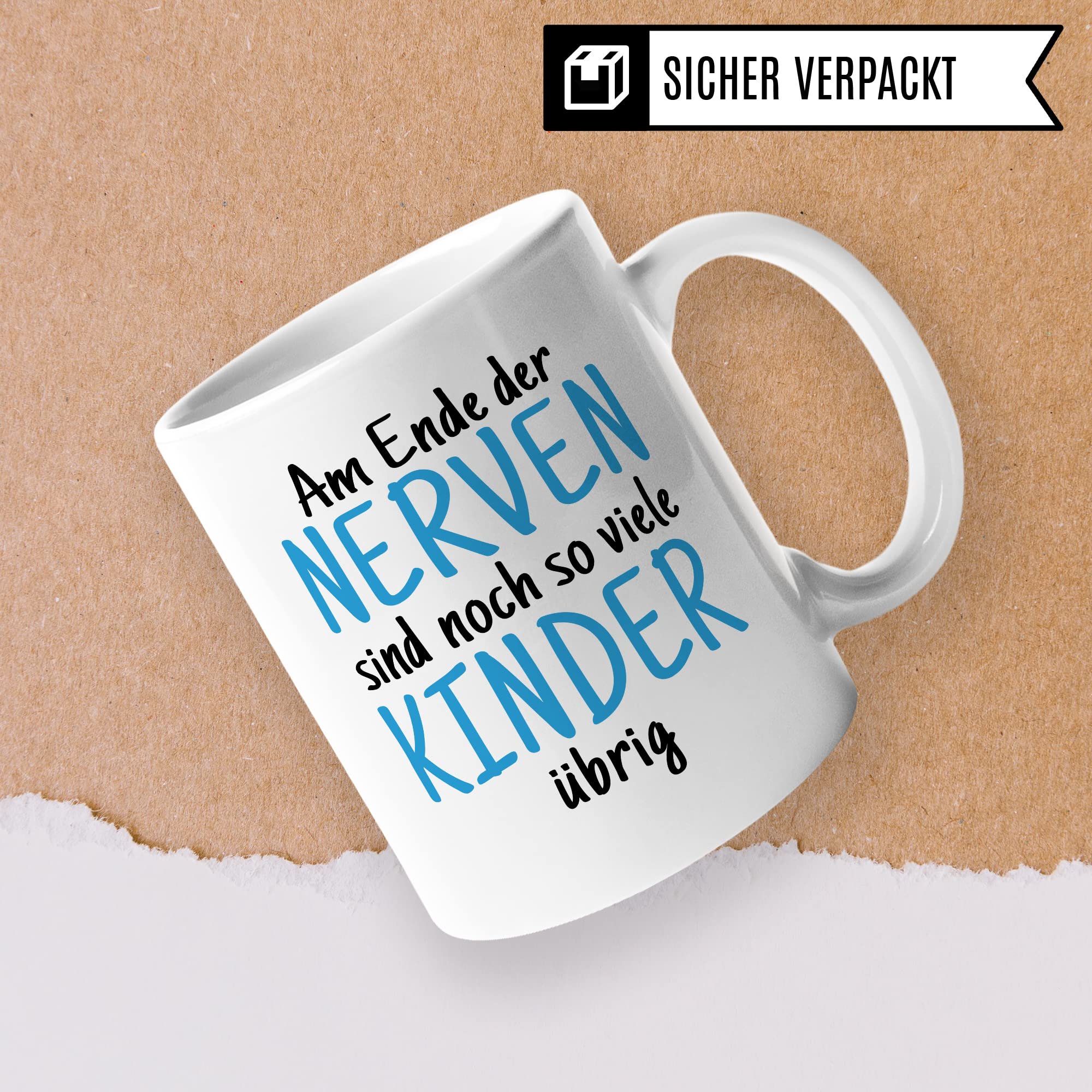 Tasse Eltern Geschenk, Am Ende der Nerven sind noch so viele Kinder über Geschenkidee Kaffeetasse Kaffee-Becher Tasse mit Spruch lustig Witztasse Mama Papa