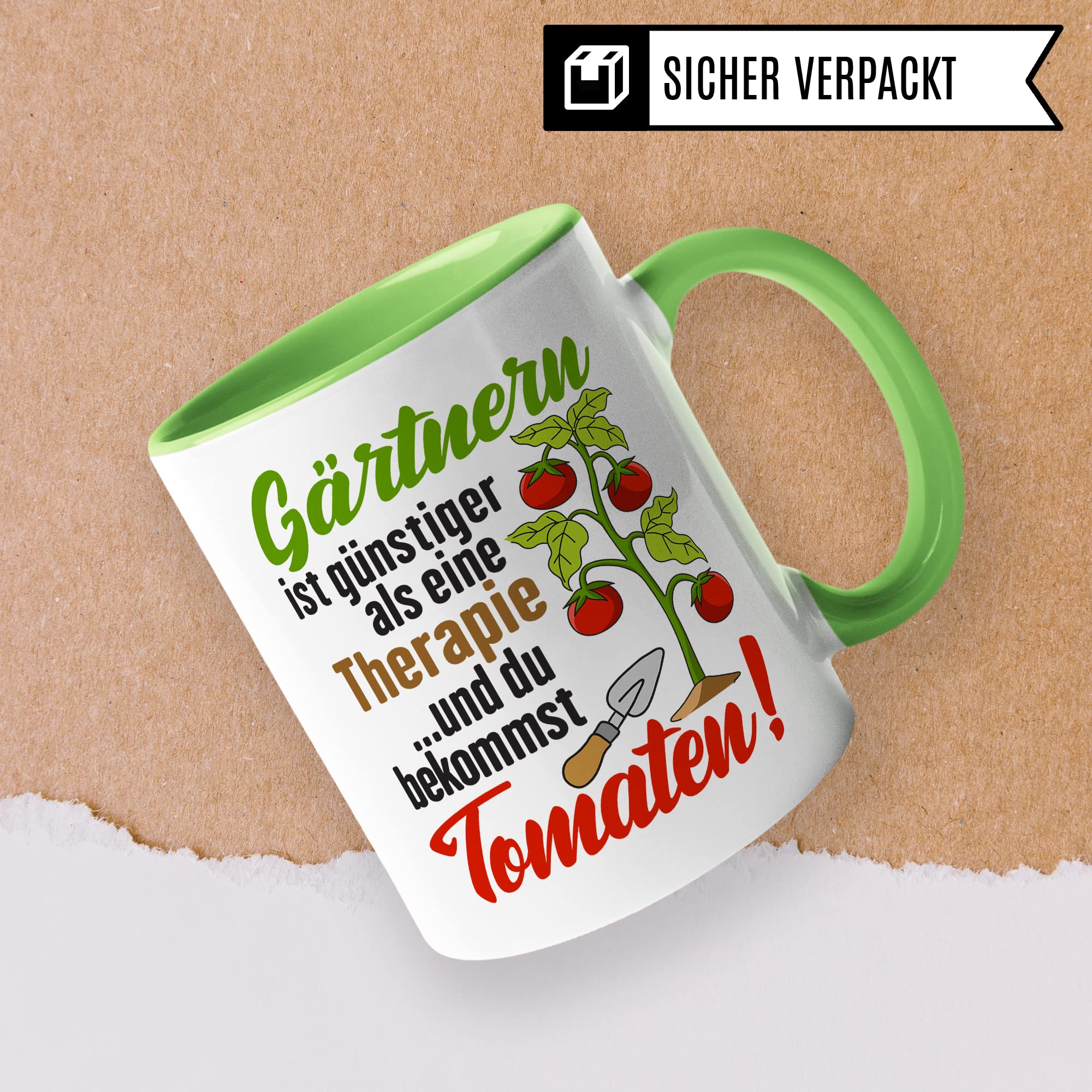 Garten Tasse, Gärtnern ist günstiger als eine Therapie - ...und du bekommst Tomaten!, Geschenk Gartenliebhaber Garten-Motiv Kaffeebecher Hobby-Gärtner Hobby-Gärtnerin, Tomaten-Pflanzen-Motiv Kaffeetasse