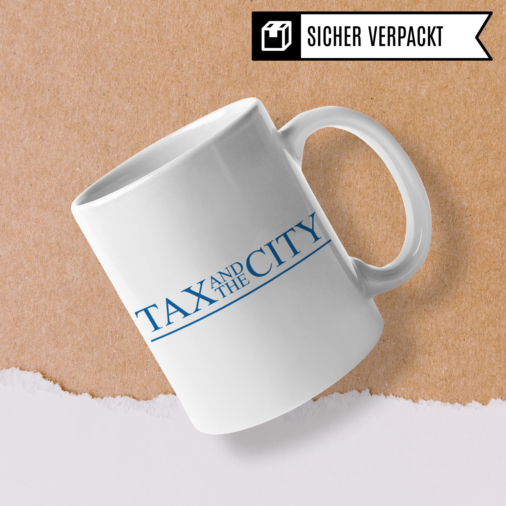 Steuerberater Tasse mit Spruch: Tax and the City - Geschenk Steuerberater Steuern Steuerfachangestellter Steuerfachwirt Kaffeetasse - Steuerberatung witzig Keramik Kaffee-Becher in blau & weiß