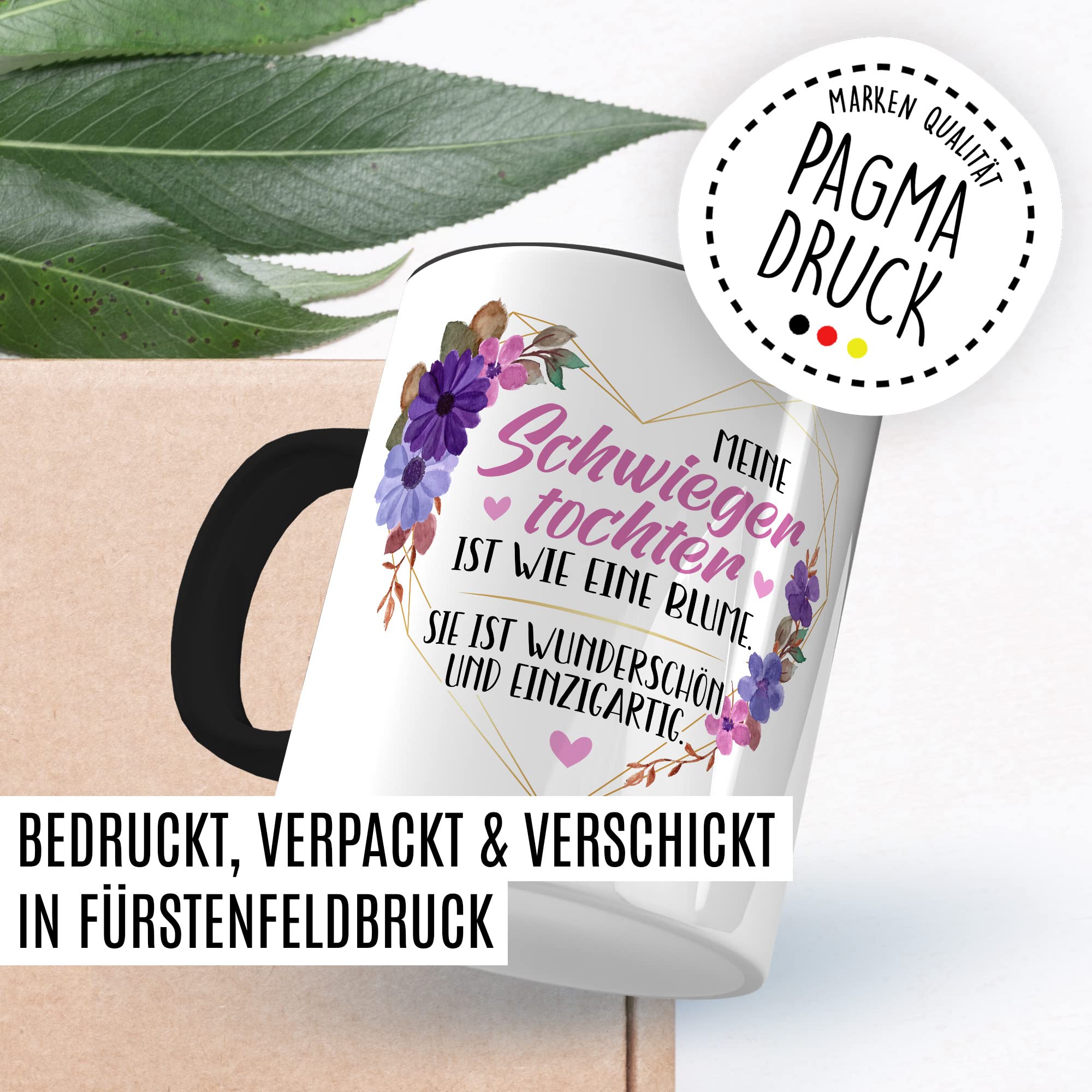 Schwiegertochter Tasse Geschenk Hochzeit Kaffeetasse Geschenkidee Schwiegereltern Kaffee-Becher mit Spruch Wie eine Blume wunderschön und einzigartig