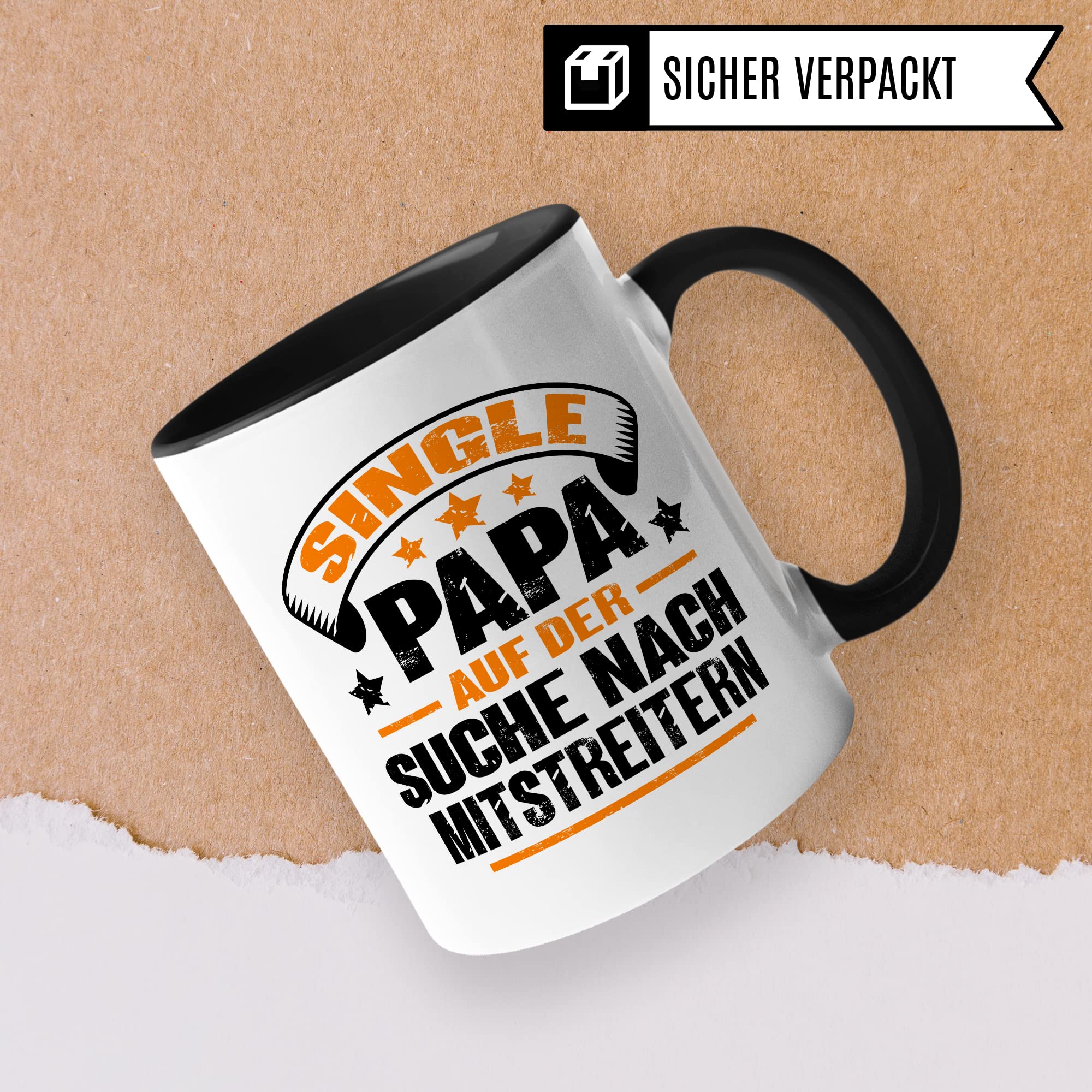 Tasse Single Papa, Single Papa auf der Suche nach Mitstreitern Geschenk Männer Geschenkidee Man Singles Kaffee-Becher Gleichgesinnte Vater Teetasse Kaffeetasse mit Spruch