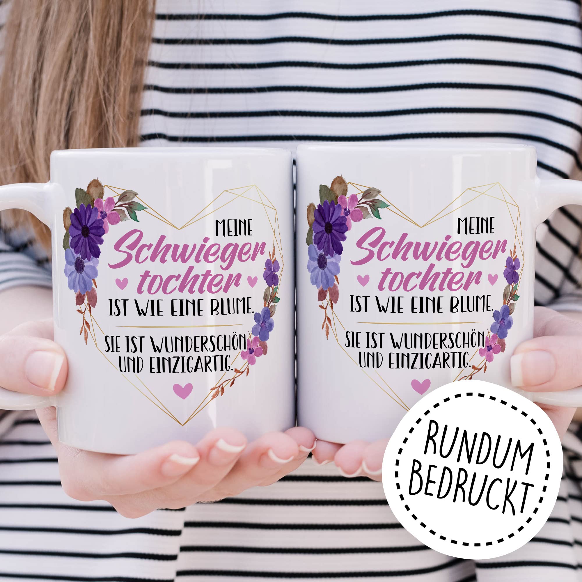 Schwiegertochter Tasse Geschenk Hochzeit Kaffeetasse Geschenkidee Schwiegereltern Kaffee-Becher mit Spruch Wie eine Blume wunderschön und einzigartig