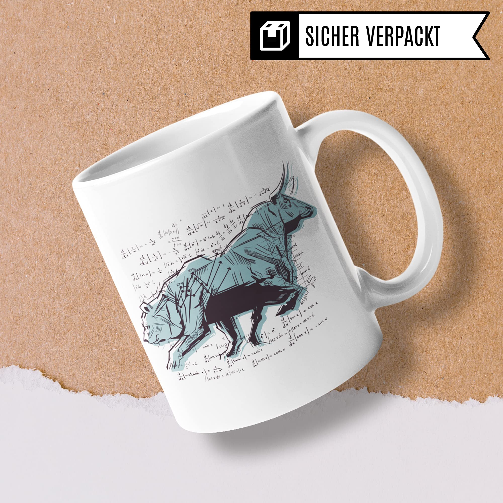 Bulle und Bär Tasse Aktien - Kaffeetasse für Investor Aktionär Börse Geld Trader - Geschenk zum Investieren Bullenmarkt Bärenmarkt Motiv Kaffeebecher