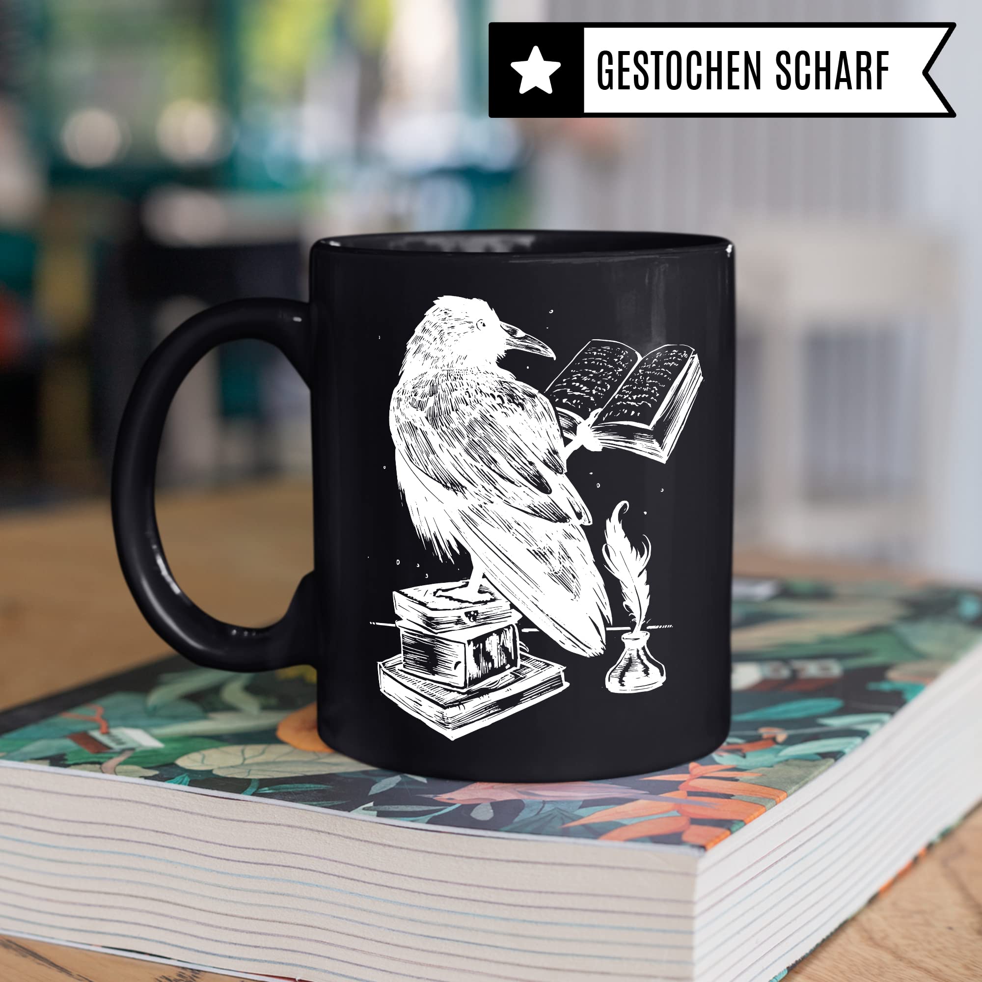 Bücher Tasse Raben Kaffeetasse Geschenk Bücherwurm Lesen Kaffee-Becher Leseratte Teetasse Geschenk Buch Bücherfan Geschenkidee Fantasy