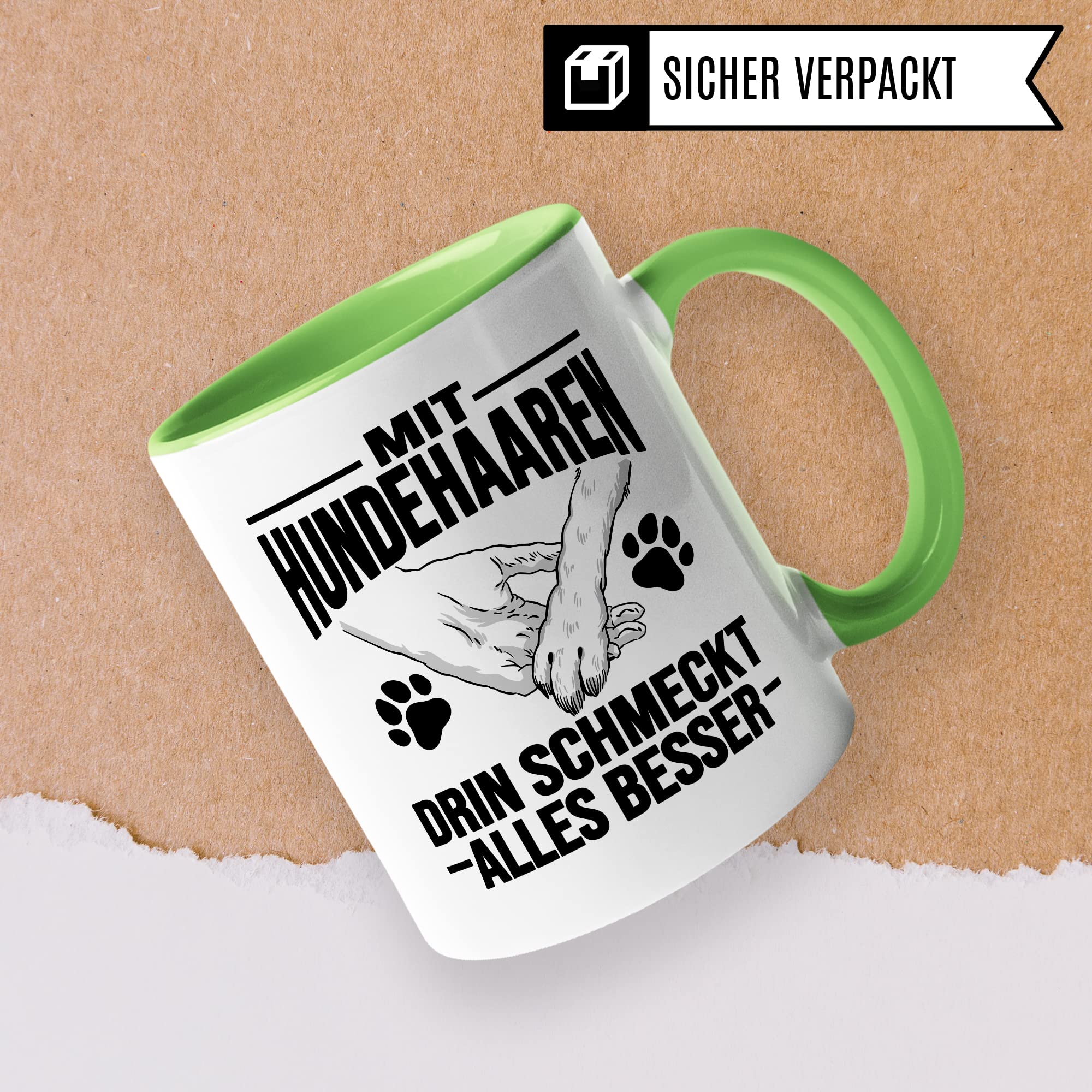 Hunde Tasse Geschenk, Mit Hundehaaren drin schmeckt alles besser Geschenkidee Hundebesitzer Kaffee-Becher Kaffeetasse Teetasse Hundehalter Hund Tasse mit Spruch lustig