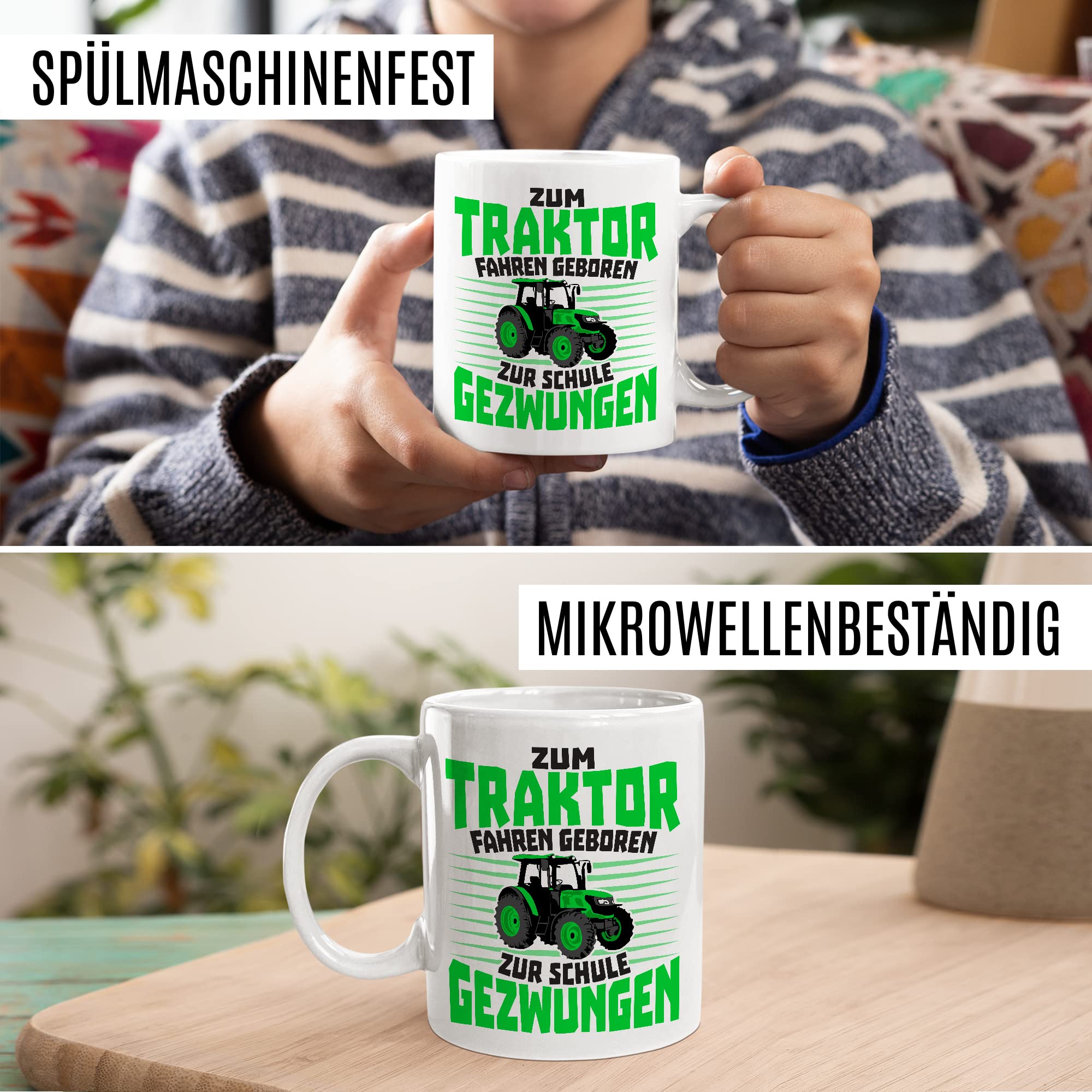 Tasse Bauer Geschenk, Zum Traktor fahren geboren - Zur Schule gezwungen Geschenkidee Landwirt Kaffeetasse mit Spruch lustig Kaffee-Becher Witztasse Teetasse