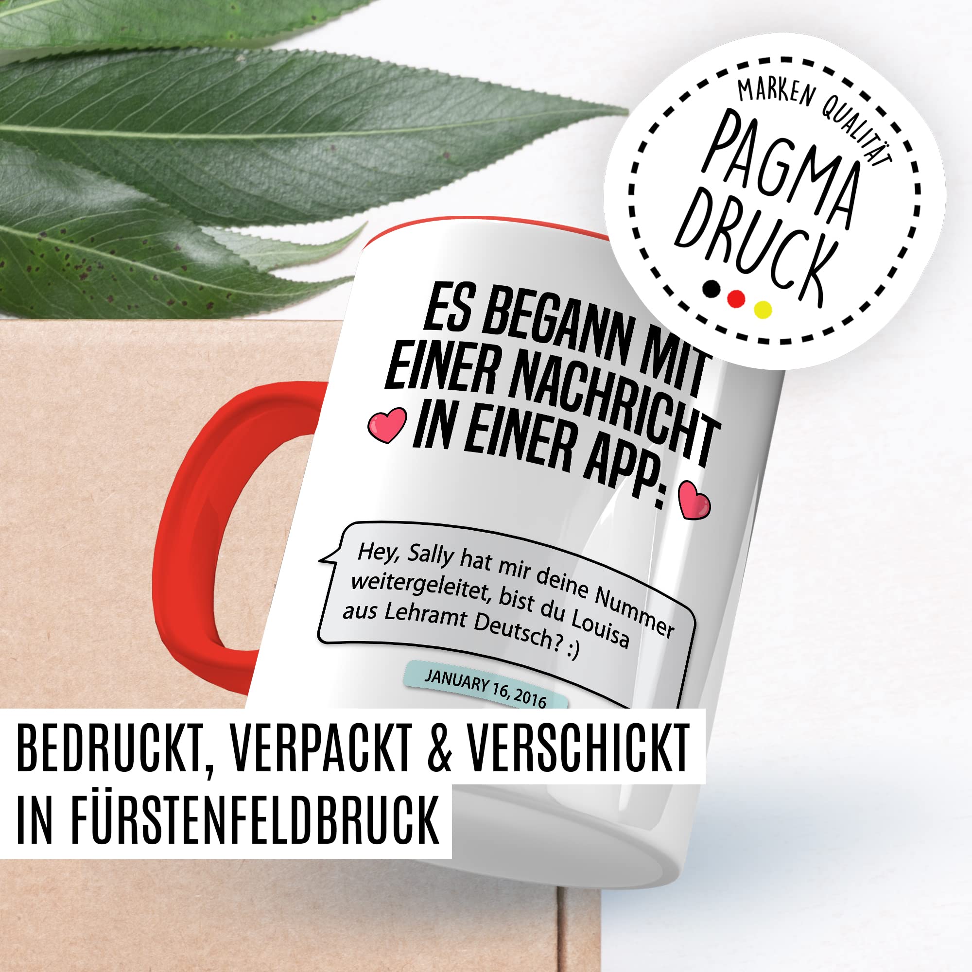 Valentinstag Tasse personalisierbar Geschenk, Es begann mit einer Nachricht in einer App: (personalisiert) Geschenkidee Freundin Kaffeetasse mit anpassbarem Text persönlicher Kaffee-Becher