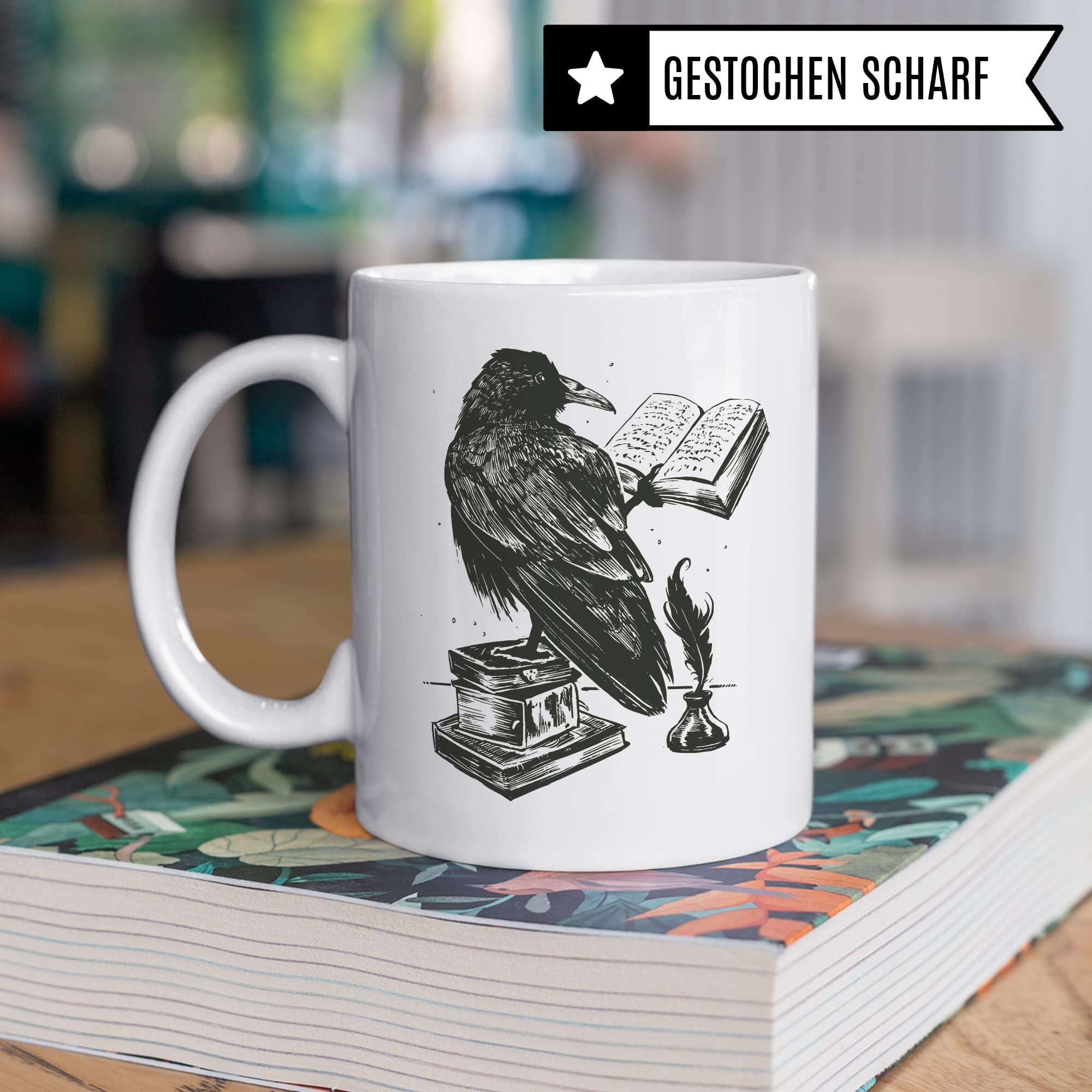 Bücher Tasse Raben Kaffeetasse Geschenk Bücherwurm Lesen Kaffee-Becher Leseratte Teetasse Geschenk Buch Bücherfan Geschenkidee Fantasy