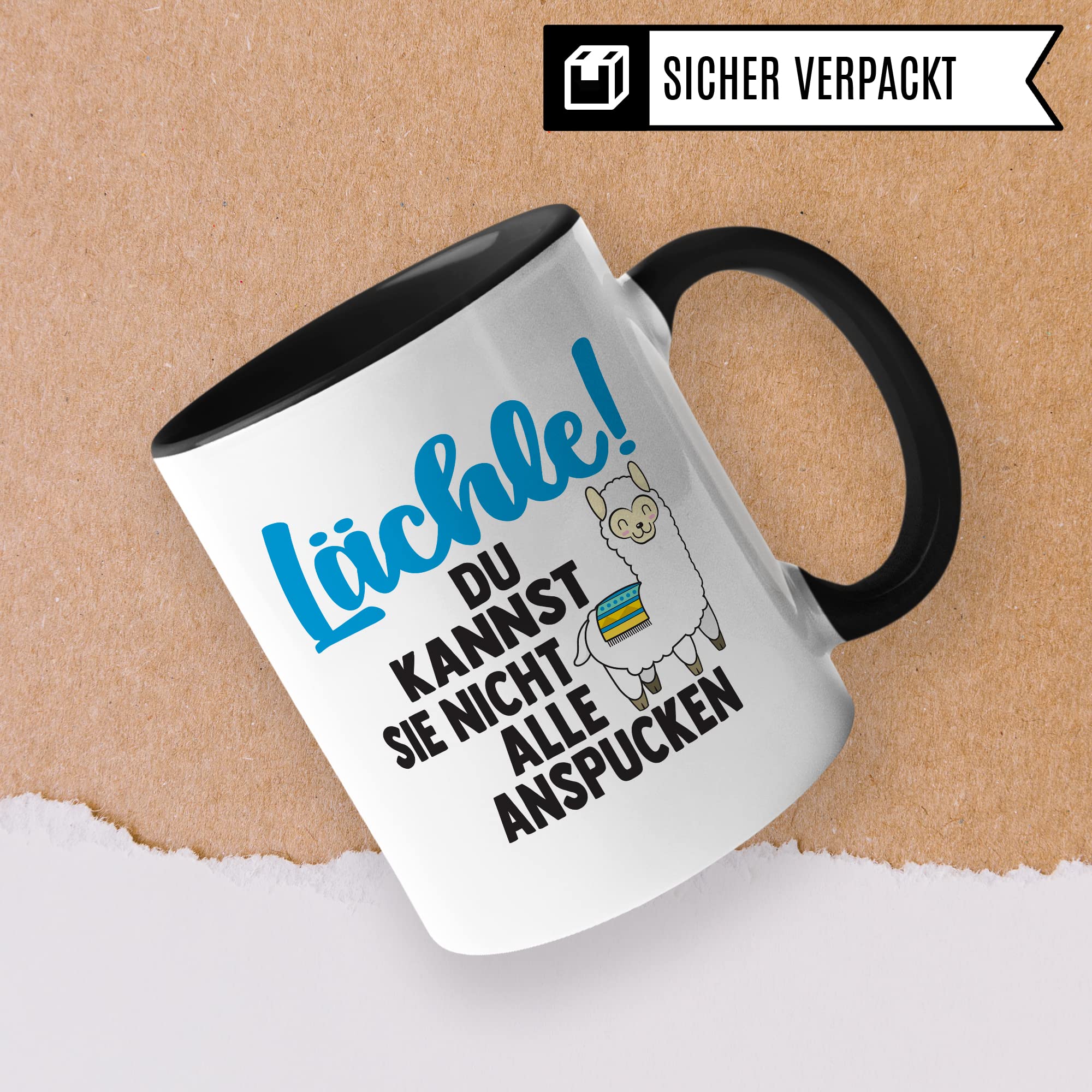 Tasse Lama Geschenk, Lächle! Du kannst sie nicht alle anspucken Geschenkidee Tasse mit Spruch lustig Kaffee-Becher Kaffeetasse Teetasse Humor Witz Witztasse Alpaka spucken