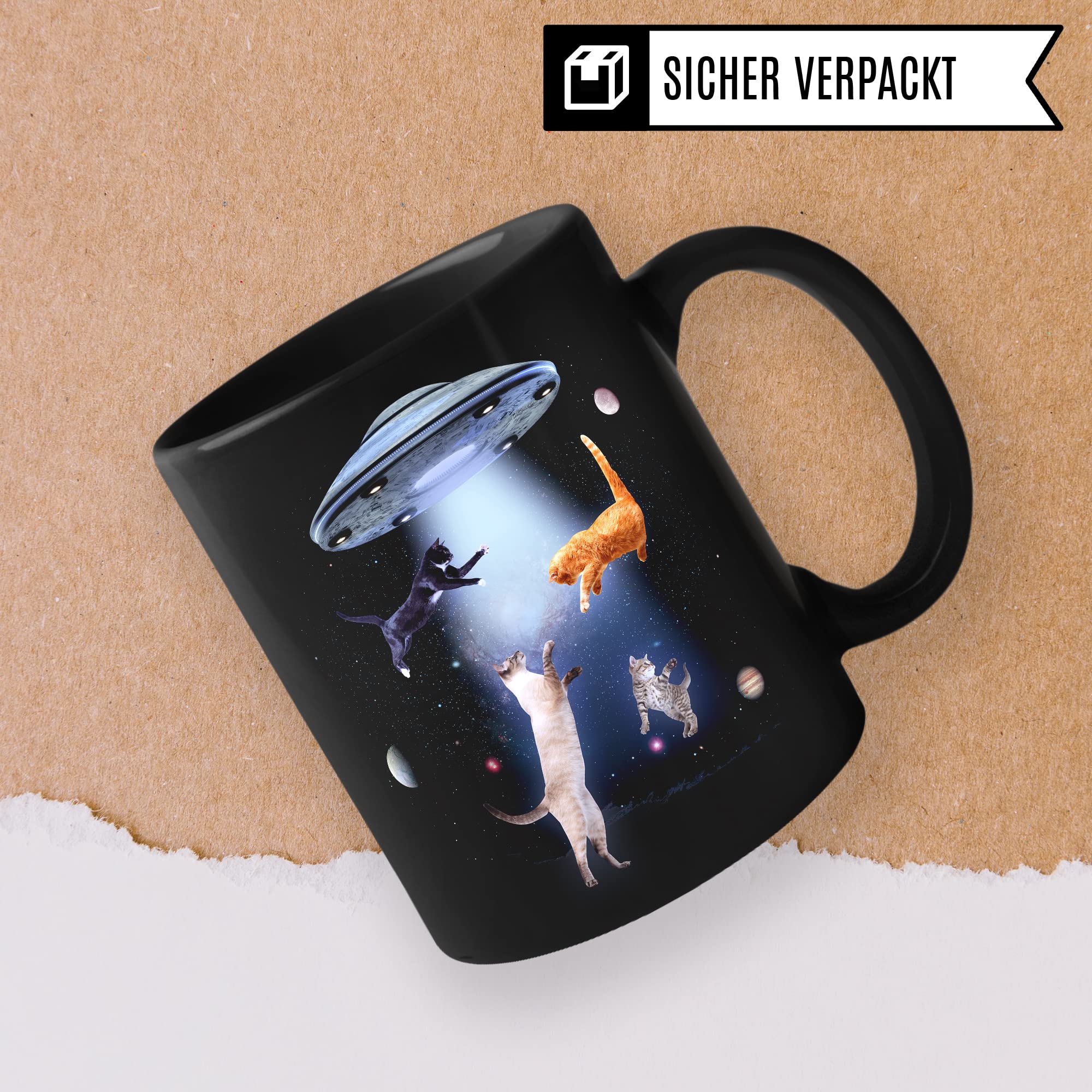 Tasse Katzen-Motiv, Humor Geschenk Katzenliebhaber, Ufo-Katzen-Tasse Motiv, Geschenk Kollegen, lustige Katze Kater Katzenfreund Büro-Tasse Witziges Motiv