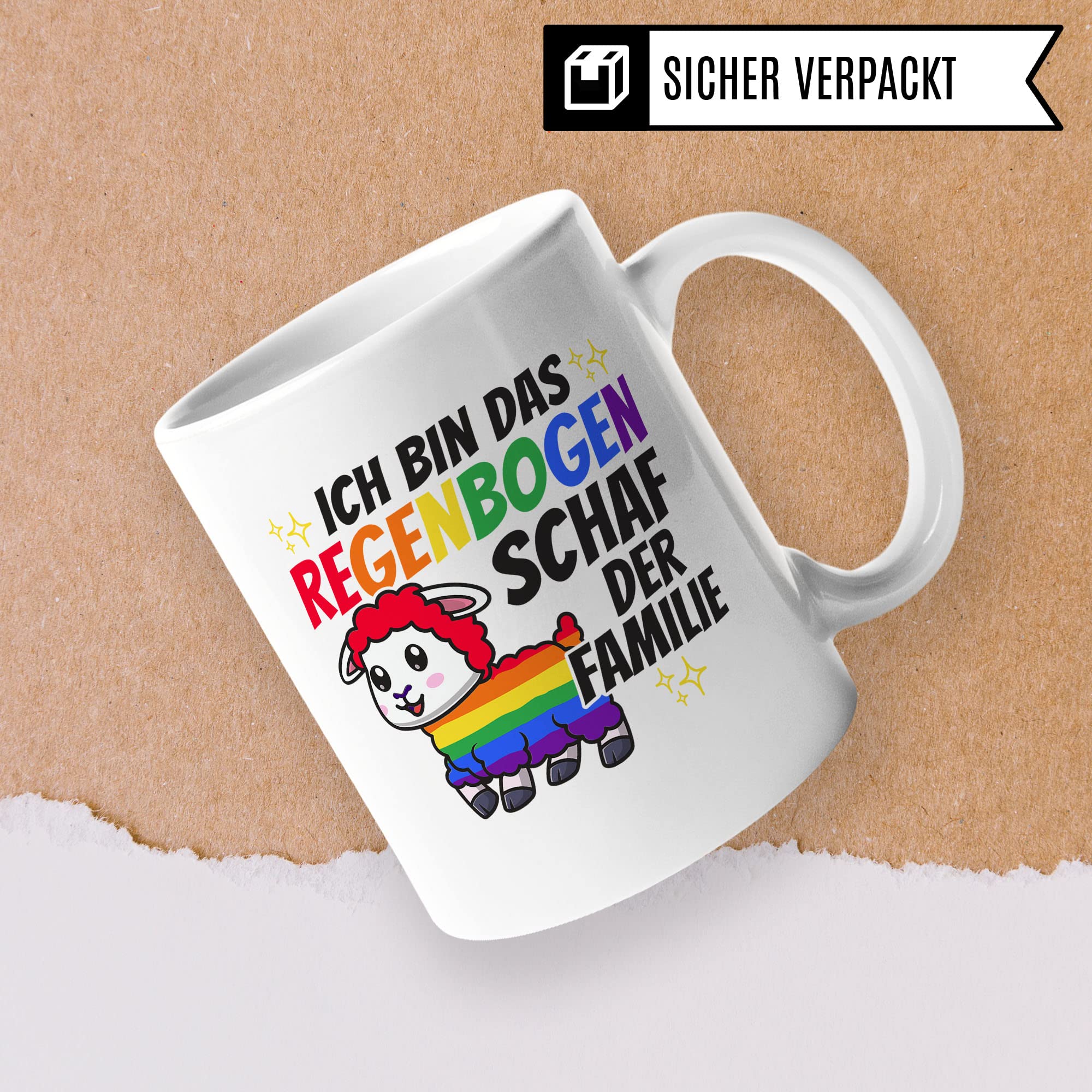 LGBTQI+ Tasse, Ich bin das Regenbogen Schaf der Familie, Gay Pride Geschenk Spruch lustig Motiv Geschenkidee Kaffeetasse outing LGBT queer schwul lesbisch Spruch