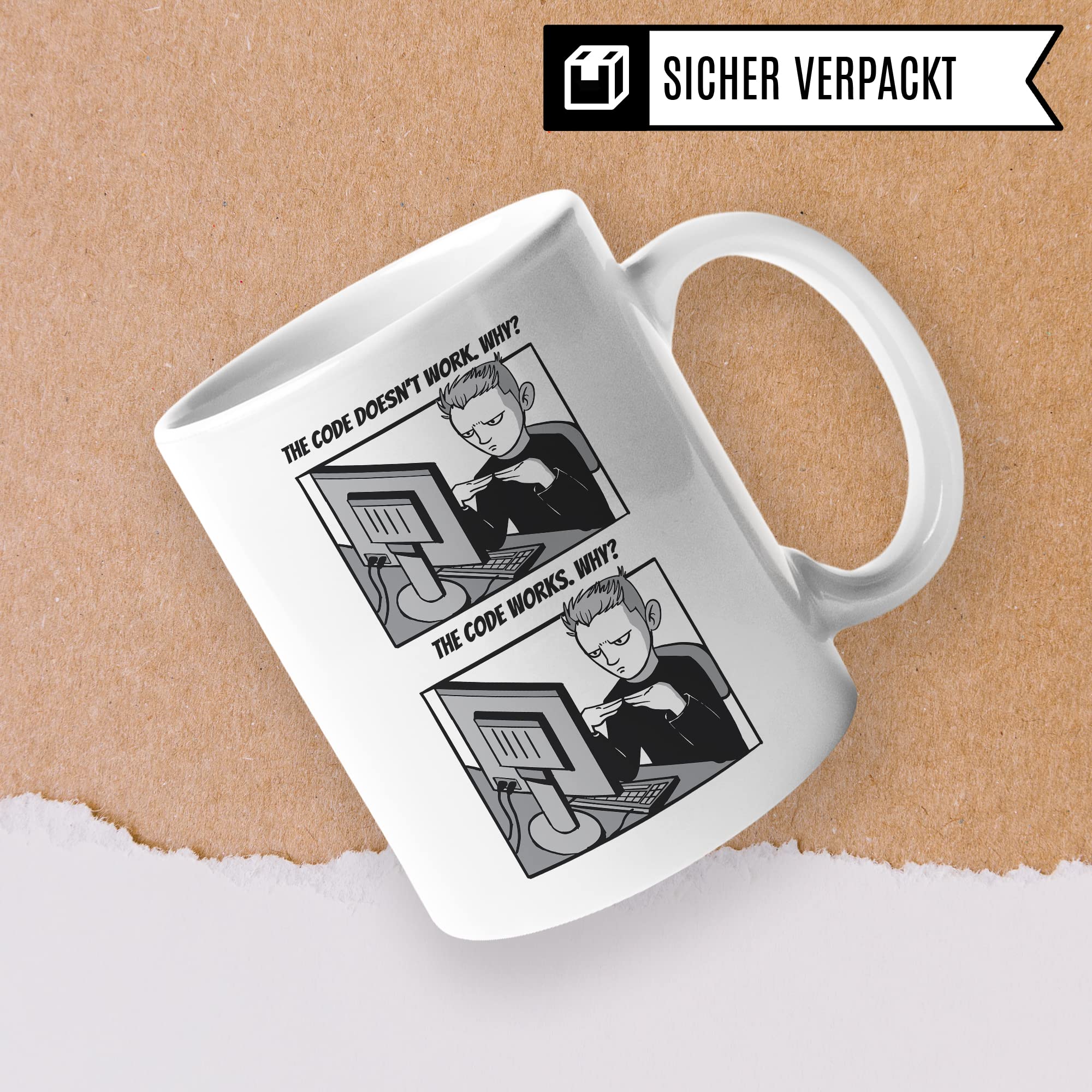 Informatik Geschenk Tasse, The Code doesn´t work - Why? Geschenkidee für Programmierer Kaffee-Becher Informatiker Programmieren Teetasse mit Spruch lustig