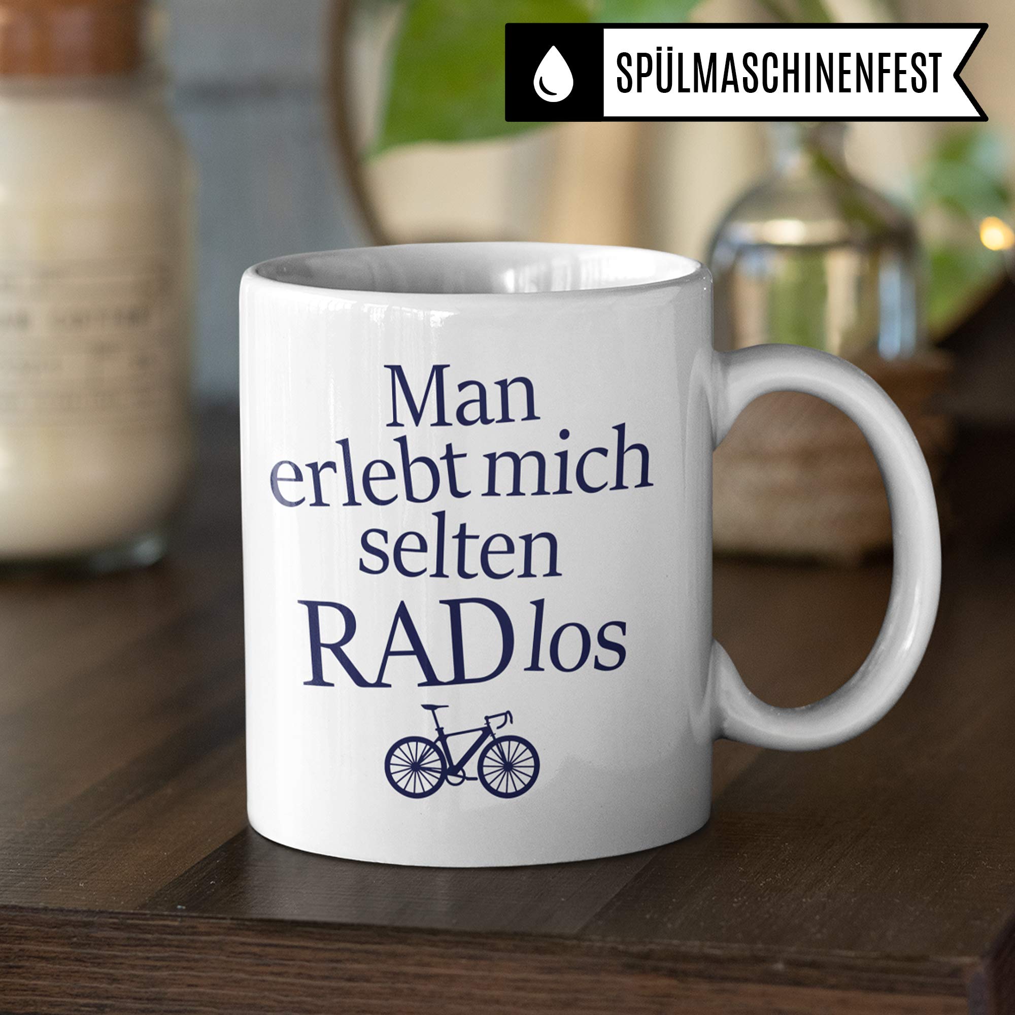 Fahrrad Tasse mit "RADlos" Spruch - Kaffeebecher für Fahrradfahrer mit Rad Motiv