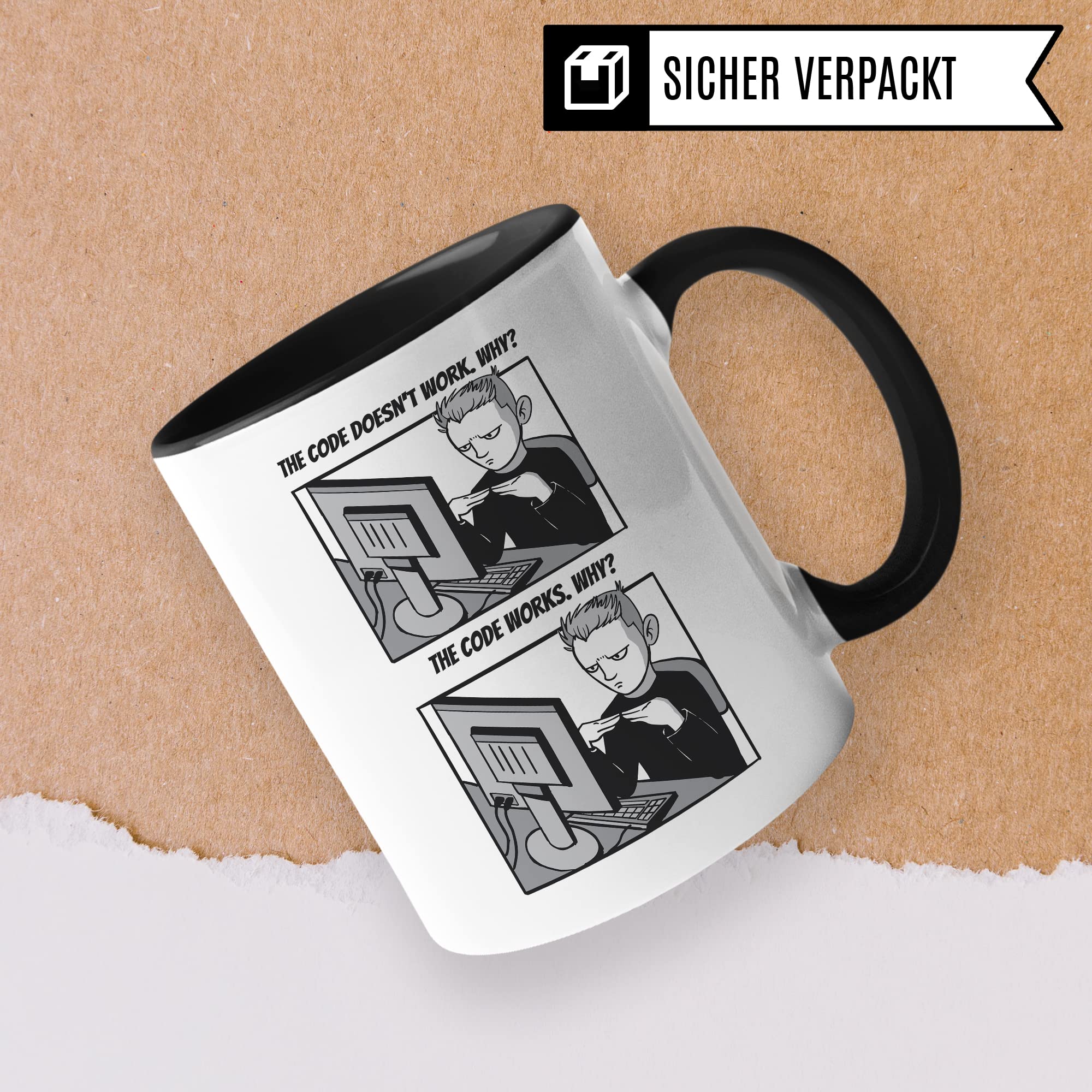 Informatik Geschenk Tasse, The Code doesn´t work - Why? Geschenkidee für Programmierer Kaffee-Becher Informatiker Programmieren Teetasse mit Spruch lustig