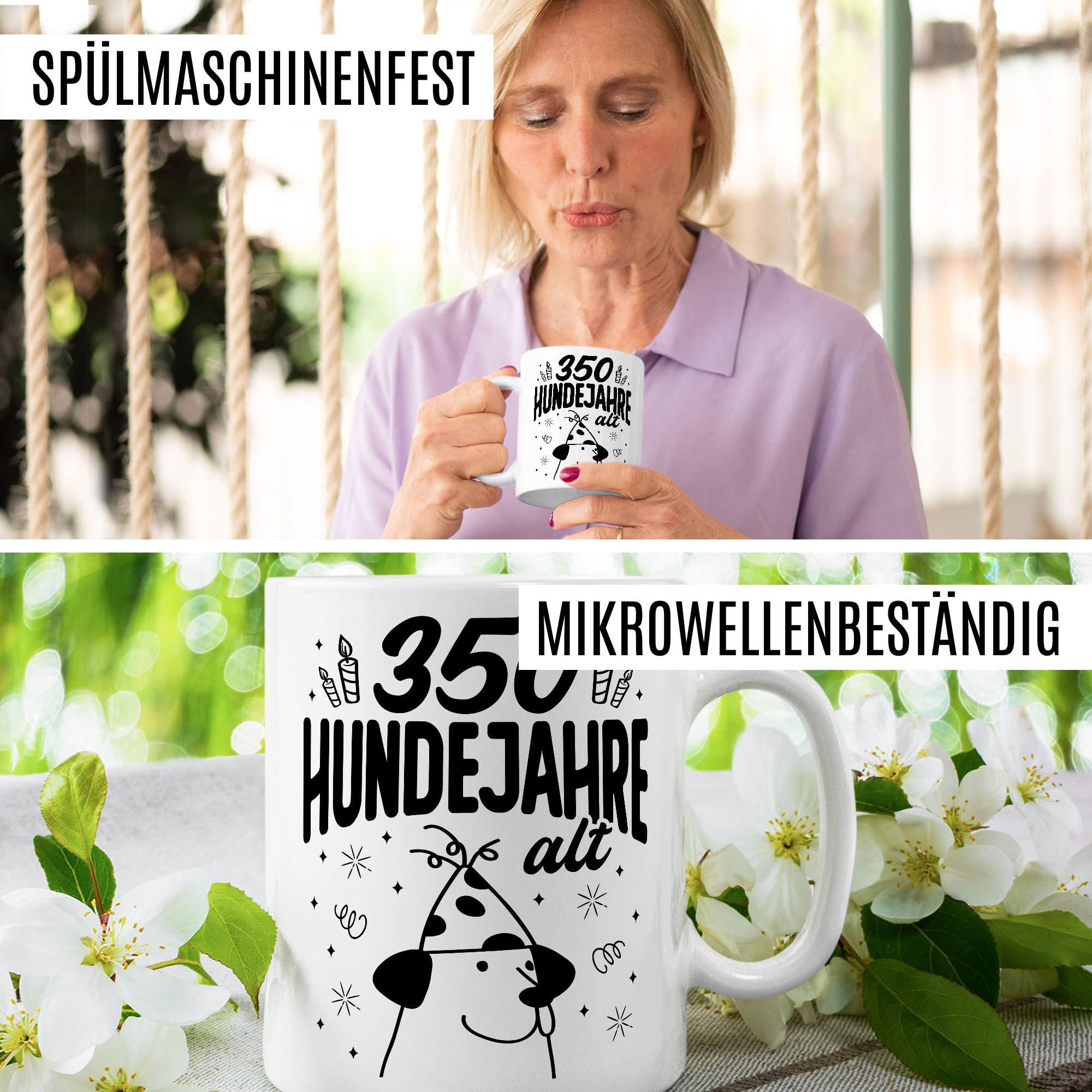 Tasse 50. Geburtstag, 350 Hundejahre alt Geschenk Geschenkidee Kaffeetasse mit Spruch lustig Kaffee-Becher Hundebesitzer Hundehalter Hundejahre Herrchen Frauchen Teetasse Witztasse