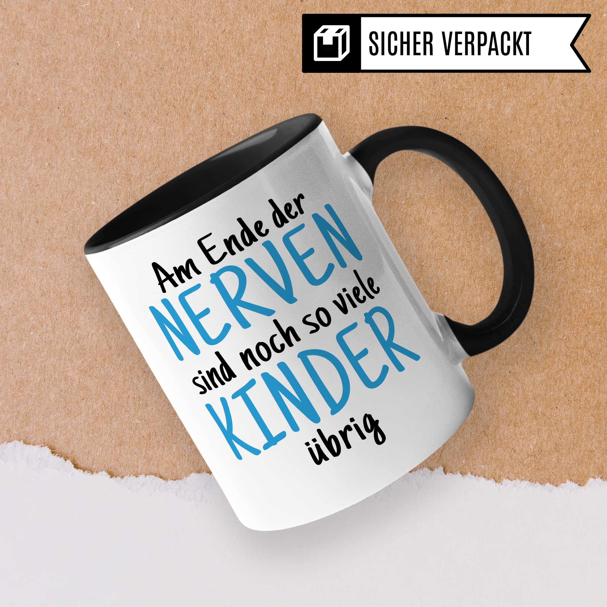 Tasse Eltern Geschenk, Am Ende der Nerven sind noch so viele Kinder über Geschenkidee Kaffeetasse Kaffee-Becher Tasse mit Spruch lustig Witztasse Mama Papa