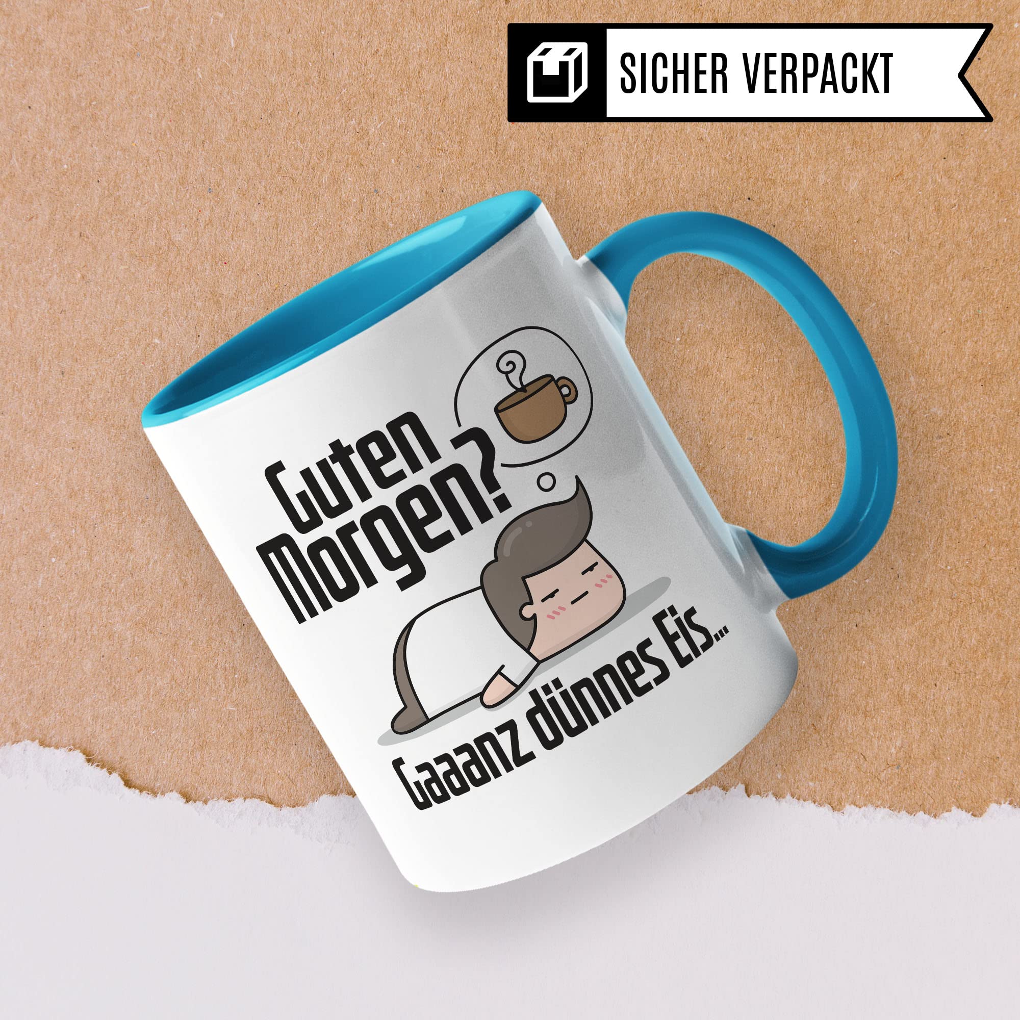 Tasse sarkastischer Spruch, Guten Morgen? Gaaanz dünnes Eis… lustige Geschenkidee Kaffeetasse mit Spruch fürs Büro, Geschenk Kollegen Freund Freundin Müde Morgenmuffel Kaffee-Becher
