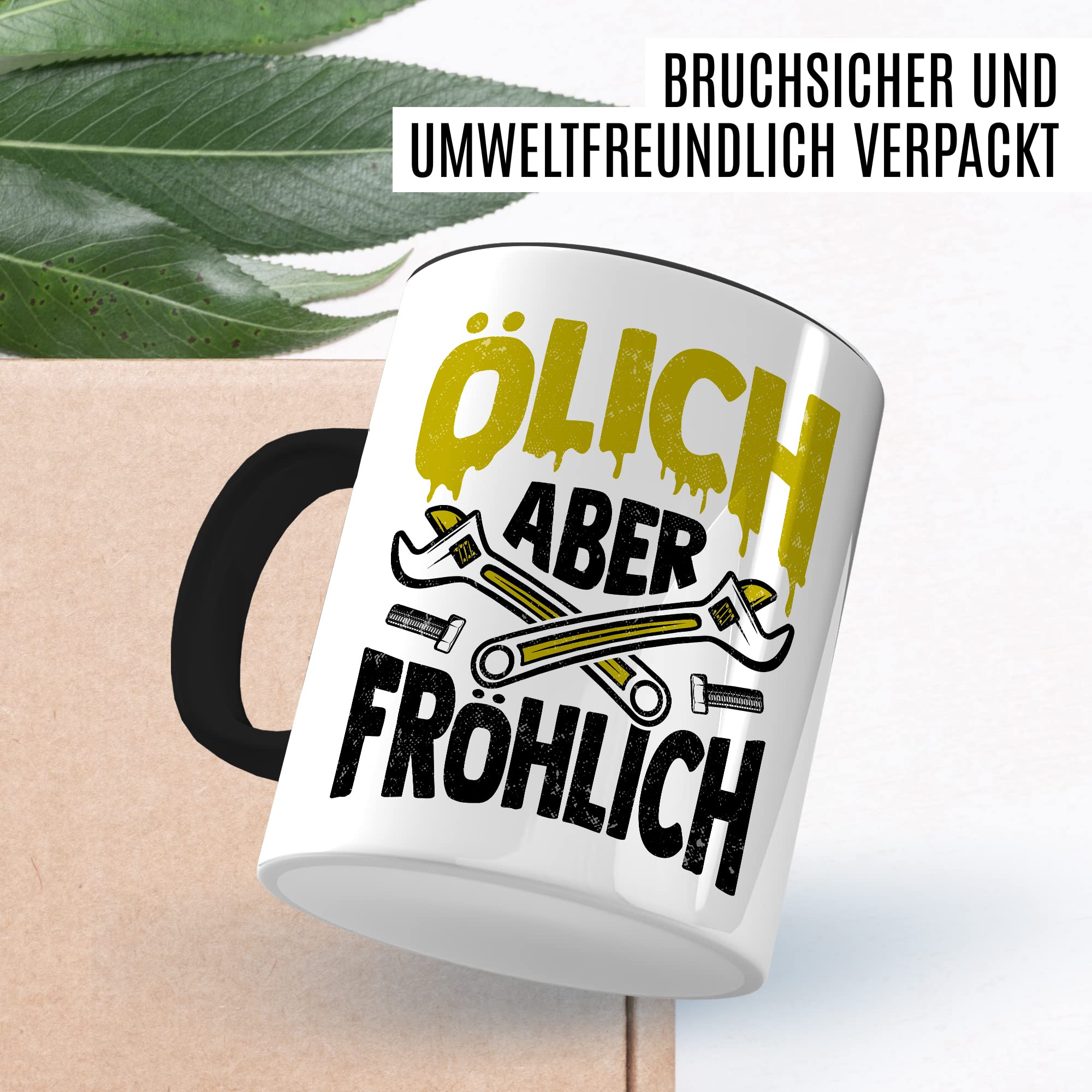 Tasse Mechatroniker Geschenk, Ölich aber Fröhlich Geschenkidee KFZ-Mechatroniker Kaffee-Becher Kaffeetasse Tasse mit Spruch lustig Mechaniker Schrauber Teetasse