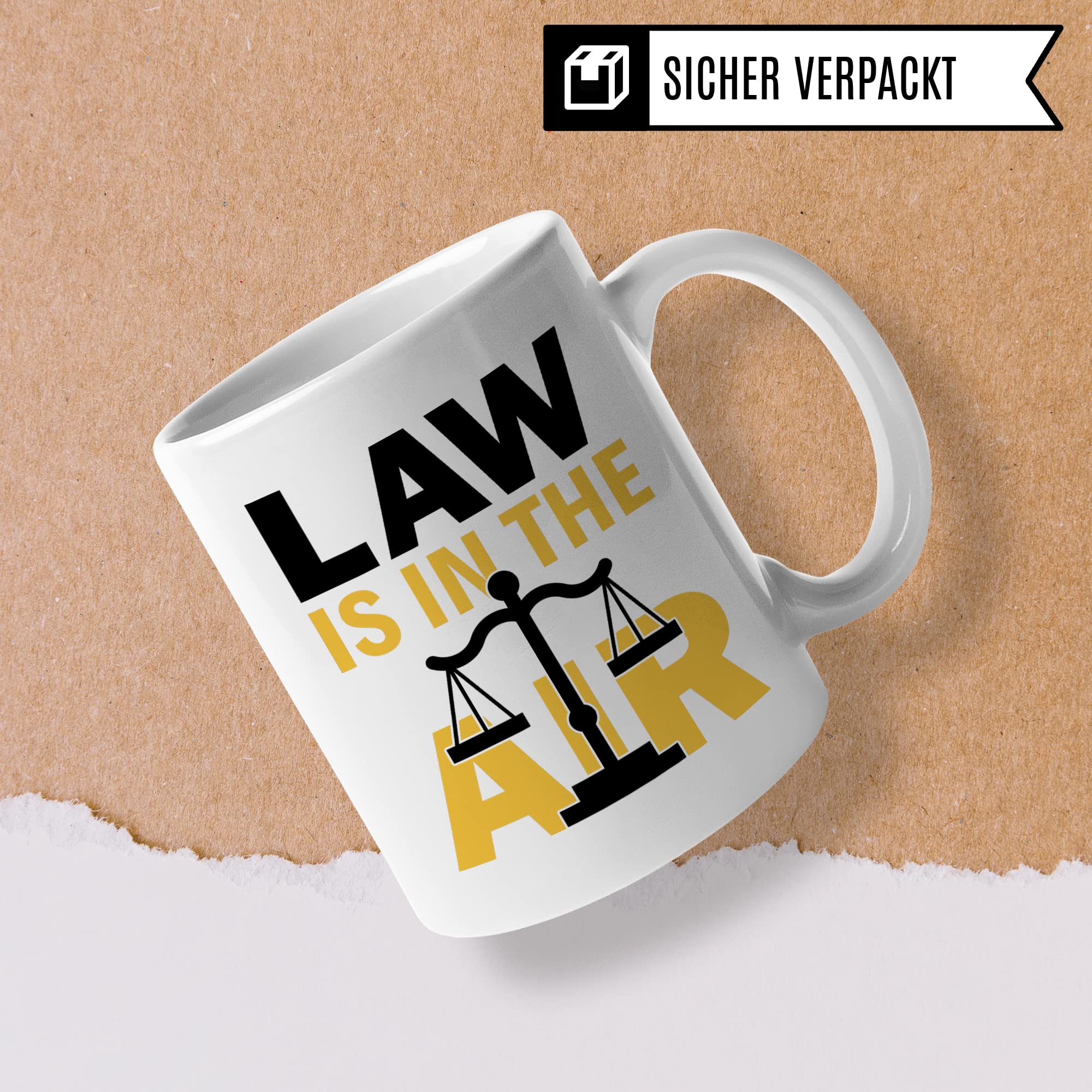 Tasse Jura lustig: LAW IS IN THE AIR, Geschenk für Anwalt Anwältin Rechtsanwalt lustig, Kaffeetasse mit Spruch Juristin Jurist Rechtswissenschaft Studium Student Studentin Becher