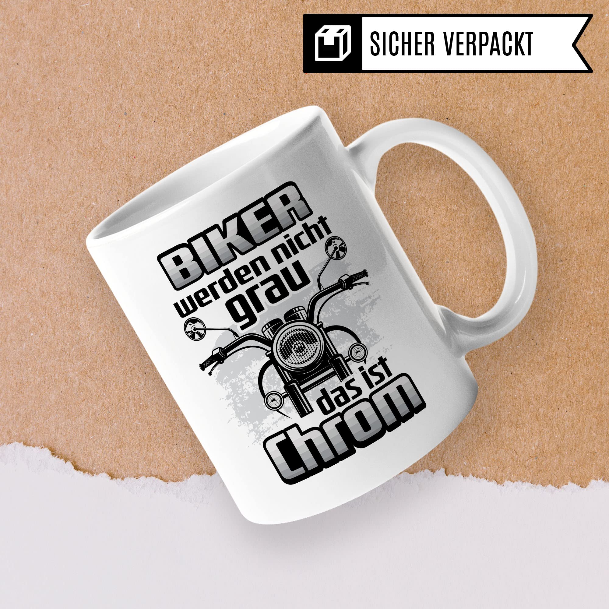 Motorrad Tasse - Biker werden nicht grau das ist Chrom - Biker Geschenk, Spruch lustig Motiv Geschenkidee Kaffeetasse Motorradfahrer Motorradfahrerin Kaffee-Becher