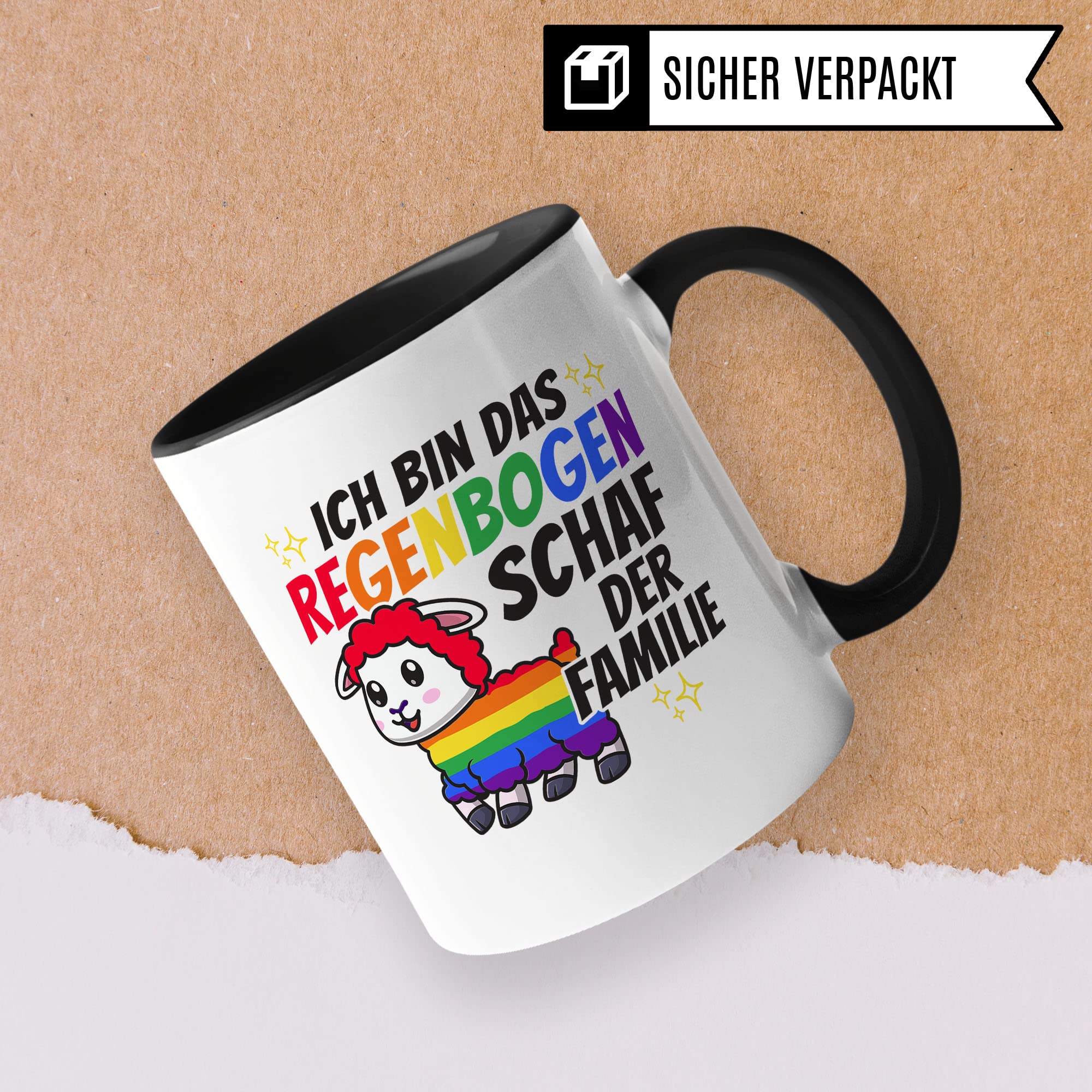 LGBTQI+ Tasse, Ich bin das Regenbogen Schaf der Familie, Gay Pride Geschenk Spruch lustig Motiv Geschenkidee Kaffeetasse outing LGBT queer schwul lesbisch Spruch