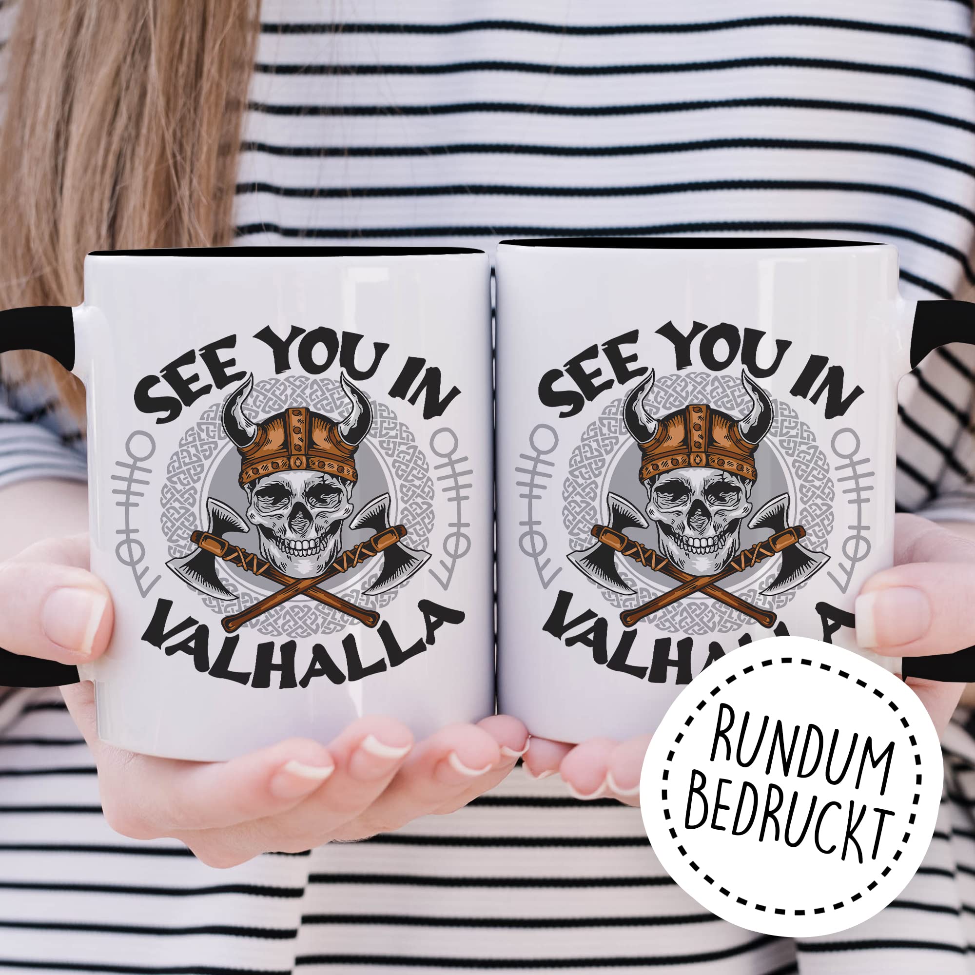 Tasse Wikinger Geschenk, See you in Valhalla Geschenkidee Kaffee-Becher Kaffetasse mit Motiv Wikinger Valhalla Viking Teetasse Totenkopf Axt