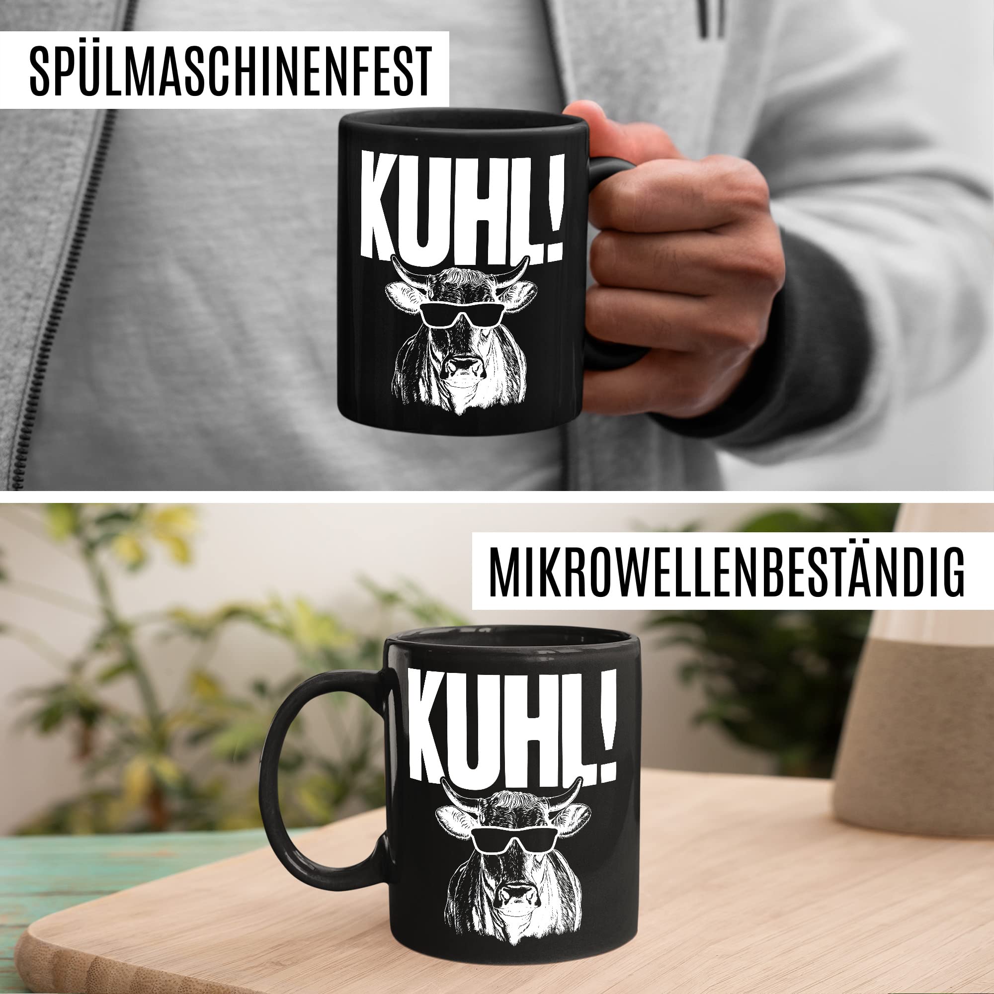 KUHL Tasse mit Spruch witzige Kaffeetasse mit Kuh Motiv Humor Geschenk Geschenkidee Kollegen Büro Kaffee-Becher lustig Freundin Kühe Sonnen Brille Cool Wortwitz Schreibfehler