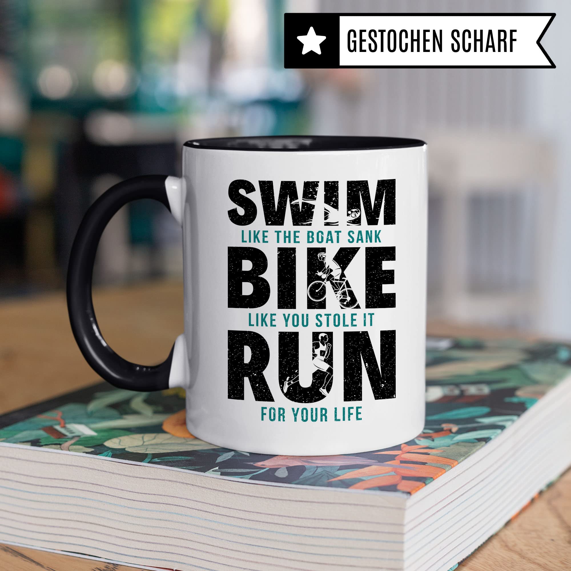Triathlon Tasse Geschenkidee Swim Bike Run Kaffeetasse Humor Witz Geschenk für Triathleten Kaffeebecher Sportler Becher