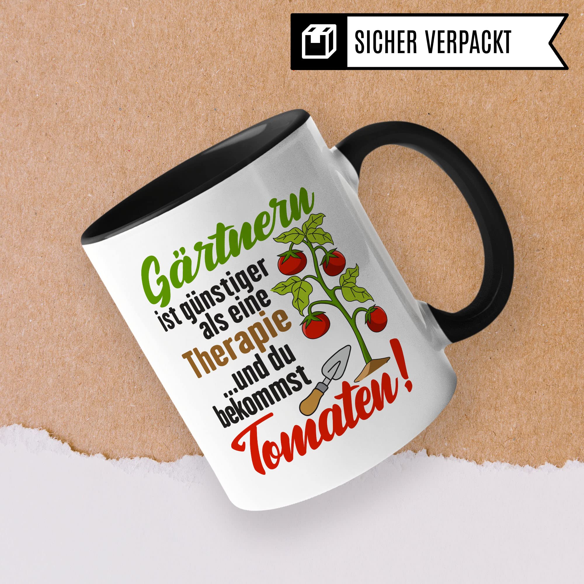 Garten Tasse, Gärtnern ist günstiger als eine Therapie - ...und du bekommst Tomaten!, Geschenk Gartenliebhaber Garten-Motiv Kaffeebecher Hobby-Gärtner Hobby-Gärtnerin, Tomaten-Pflanzen-Motiv Kaffeetasse