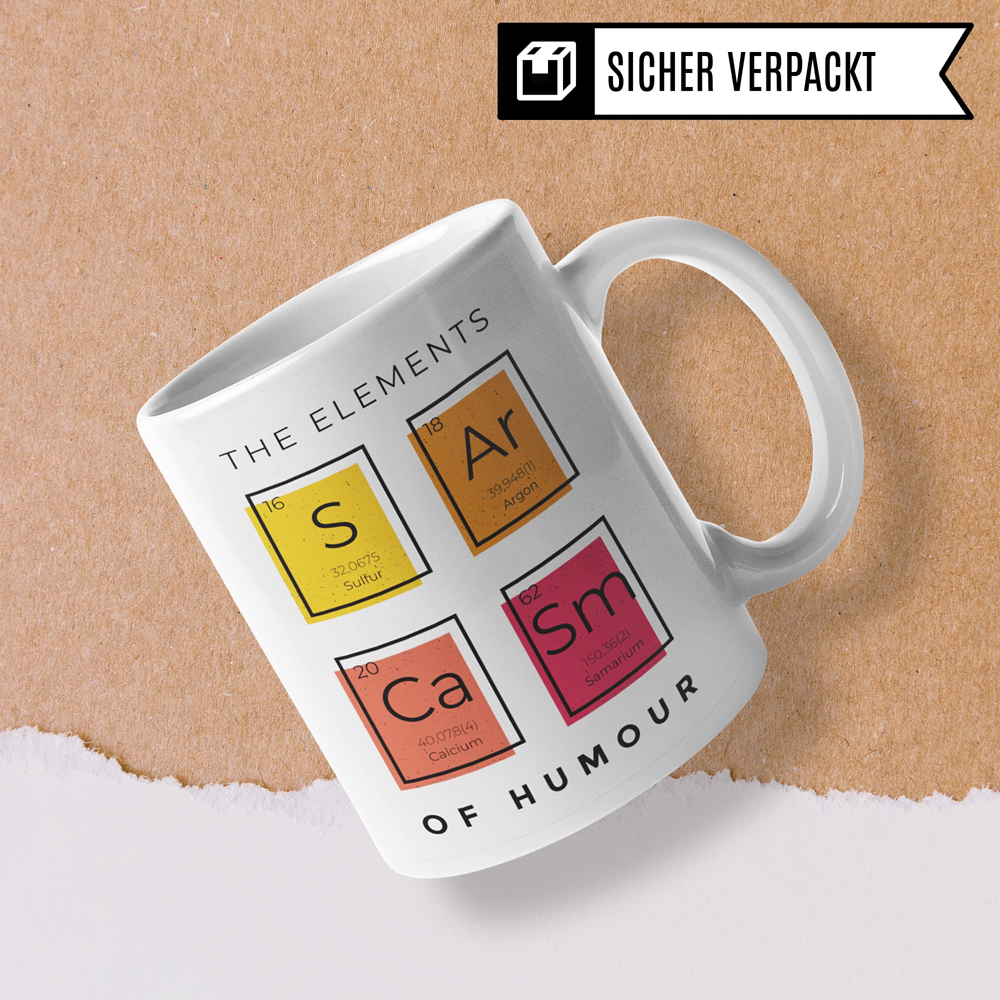 Sarkasmus Tasse mit Spruch lustig - The Elements of Humor - Sarkasmus Geschenk Kaffeetasse mit Sprüchen Chemie - Witz Kaffeebecher für Büro Arbeit Kollegen - Becher für Männer Frauen