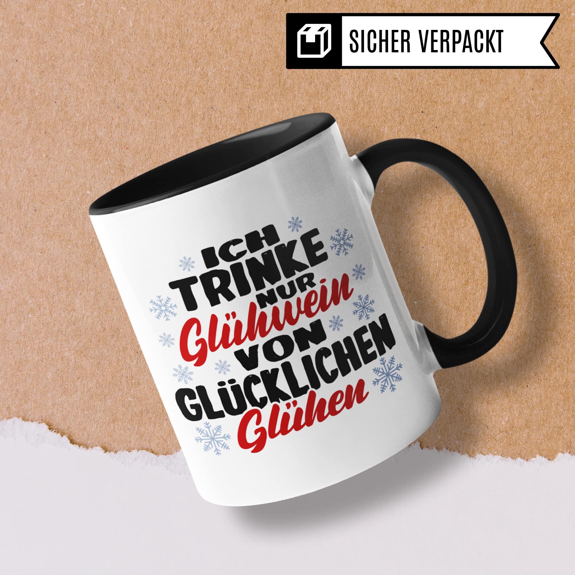 Tasse mit Spruch: "Glühwein von glücklichen Glühen" Geschenk Weihnachten Winter Glühwein-Becher Geschenkidee Punsch lustig