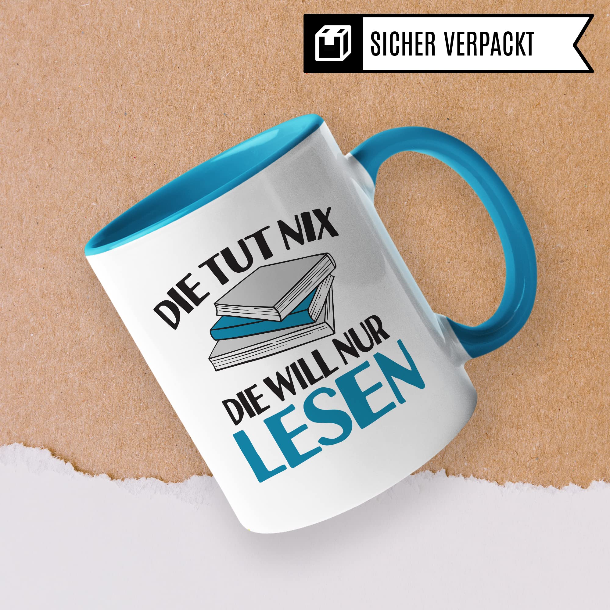 Lesen Tasse lustig Kaffeetasse mit Spruch Bücherwurm Geschenkidee Humor Kaffee-Becher Leseratte Geschenk Die tut nix Die will nur lesen Freundin Kollegin Buch Fan Geschenkartikel lustig Teetasse