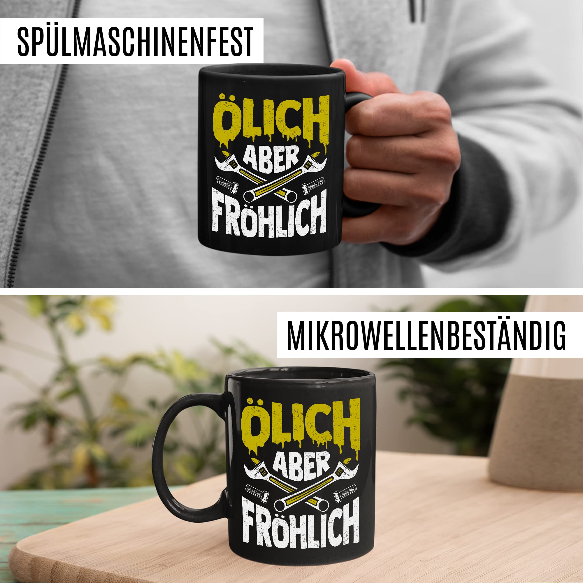 Tasse Mechatroniker Geschenk, Ölich aber Fröhlich Geschenkidee KFZ-Mechatroniker Kaffee-Becher Kaffeetasse Tasse mit Spruch lustig Mechaniker Schrauber Teetasse