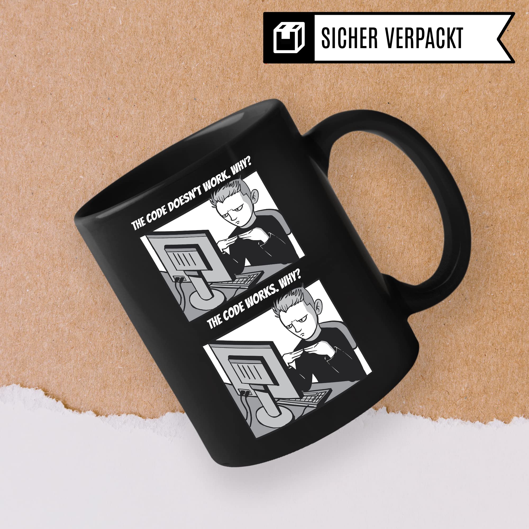 Informatik Geschenk Tasse, The Code doesn´t work - Why? Geschenkidee für Programmierer Kaffee-Becher Informatiker Programmieren Teetasse mit Spruch lustig