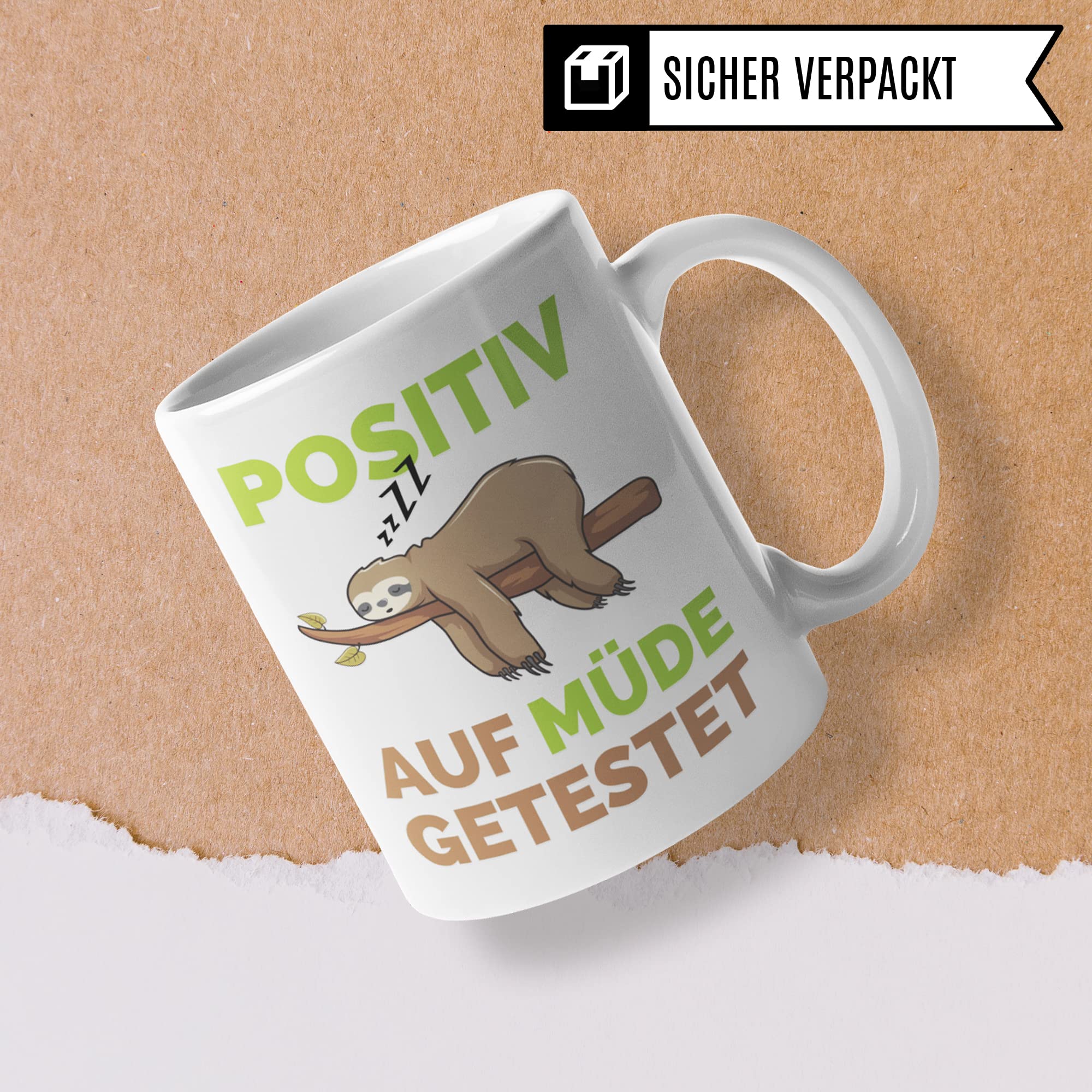 Tasse mit Spruch lustig: Positiv auf Müde getestet Faultier Becher - Kaffeetasse mit Sprüchen Geschenk für Männer Frauen Jungen Mädchen - Morgenmuffel Tasse Müdigkeit Geschenkidee