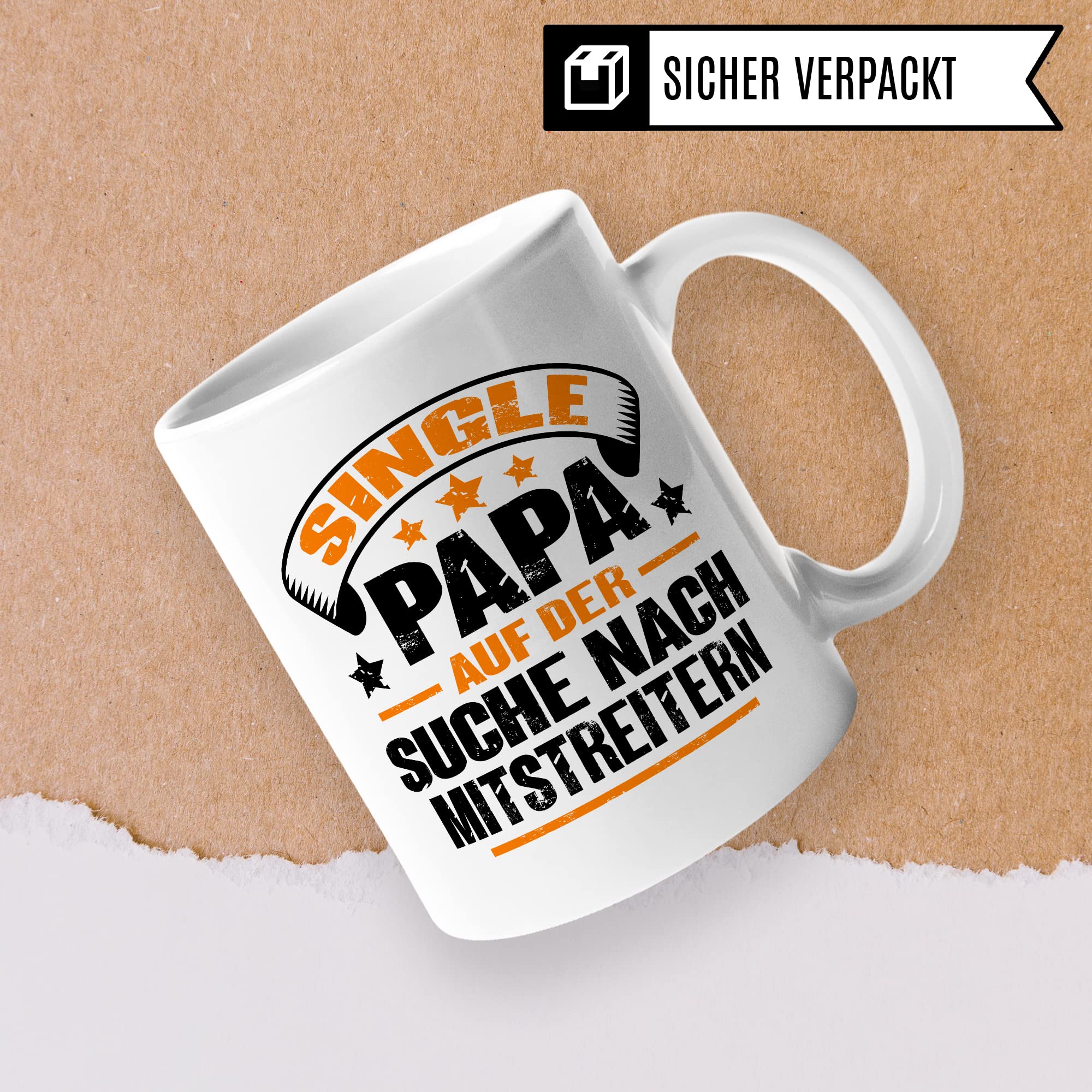 Tasse Single Papa, Single Papa auf der Suche nach Mitstreitern Geschenk Männer Geschenkidee Man Singles Kaffee-Becher Gleichgesinnte Vater Teetasse Kaffeetasse mit Spruch