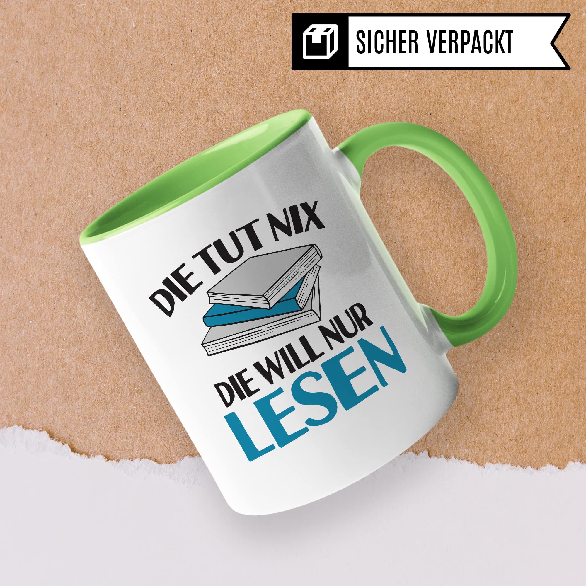 Lesen Tasse lustig Kaffeetasse mit Spruch Bücherwurm Geschenkidee Humor Kaffee-Becher Leseratte Geschenk Die tut nix Die will nur lesen Freundin Kollegin Buch Fan Geschenkartikel lustig Teetasse