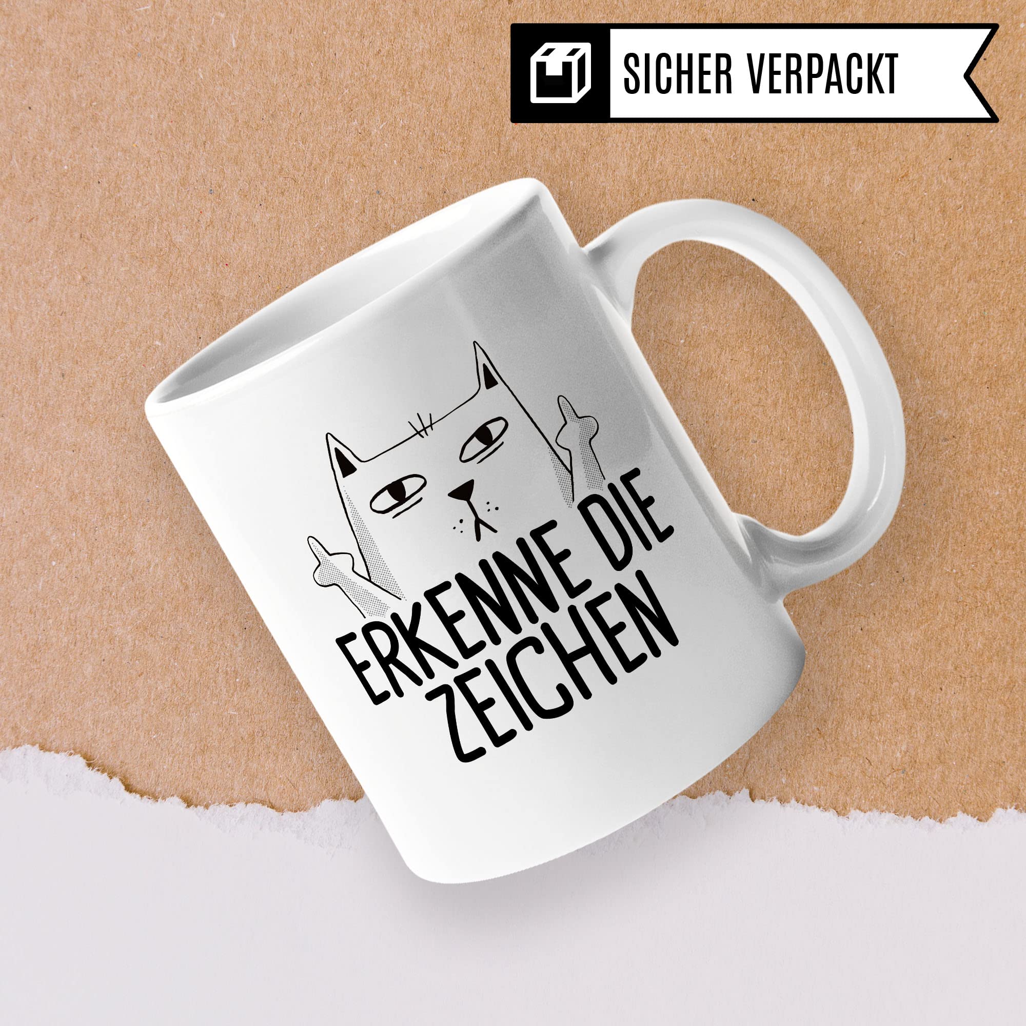 Tasse mit Katzen Motiv "Erkenne die Zeichen" mit Mittelfinger Comic - Kaffeetasse als lustiges Geschenk