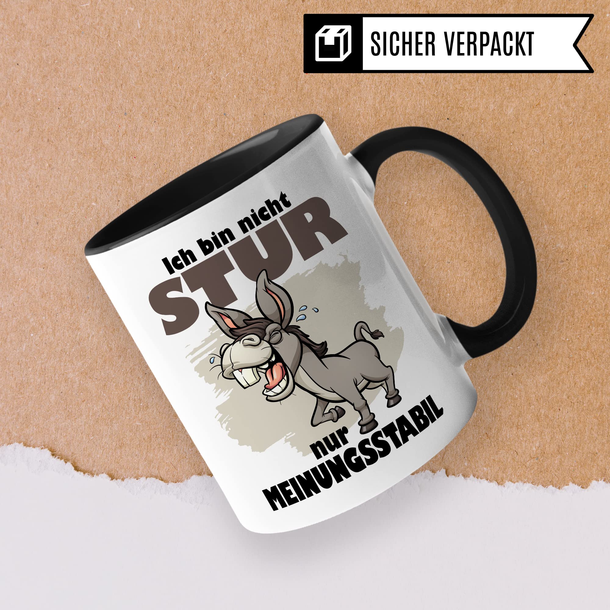 Tasse stur, Ich bin nicht stur nur meinungsstabil Geschenk Kaffeetasse Geschenkidee Sturkopf Tasse mit Spruch lustig Esel-Motiv Teetasse Kaffee-Becher Dickschädel
