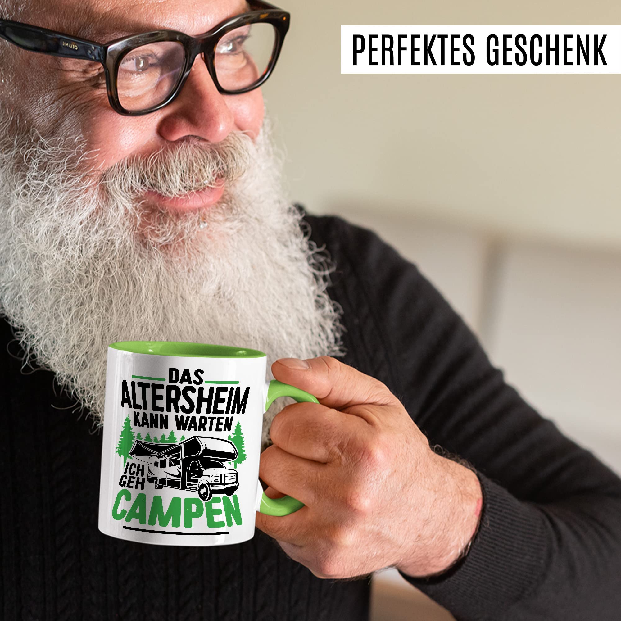 Tasse Campen Geschenk, Das Alterheim kann warten Ich geh campen Geschenk Geschenkidee Kaffeetasse mit liebevollem Spruch Kaffee-Becher Natur Rentner Rentnerin Rente